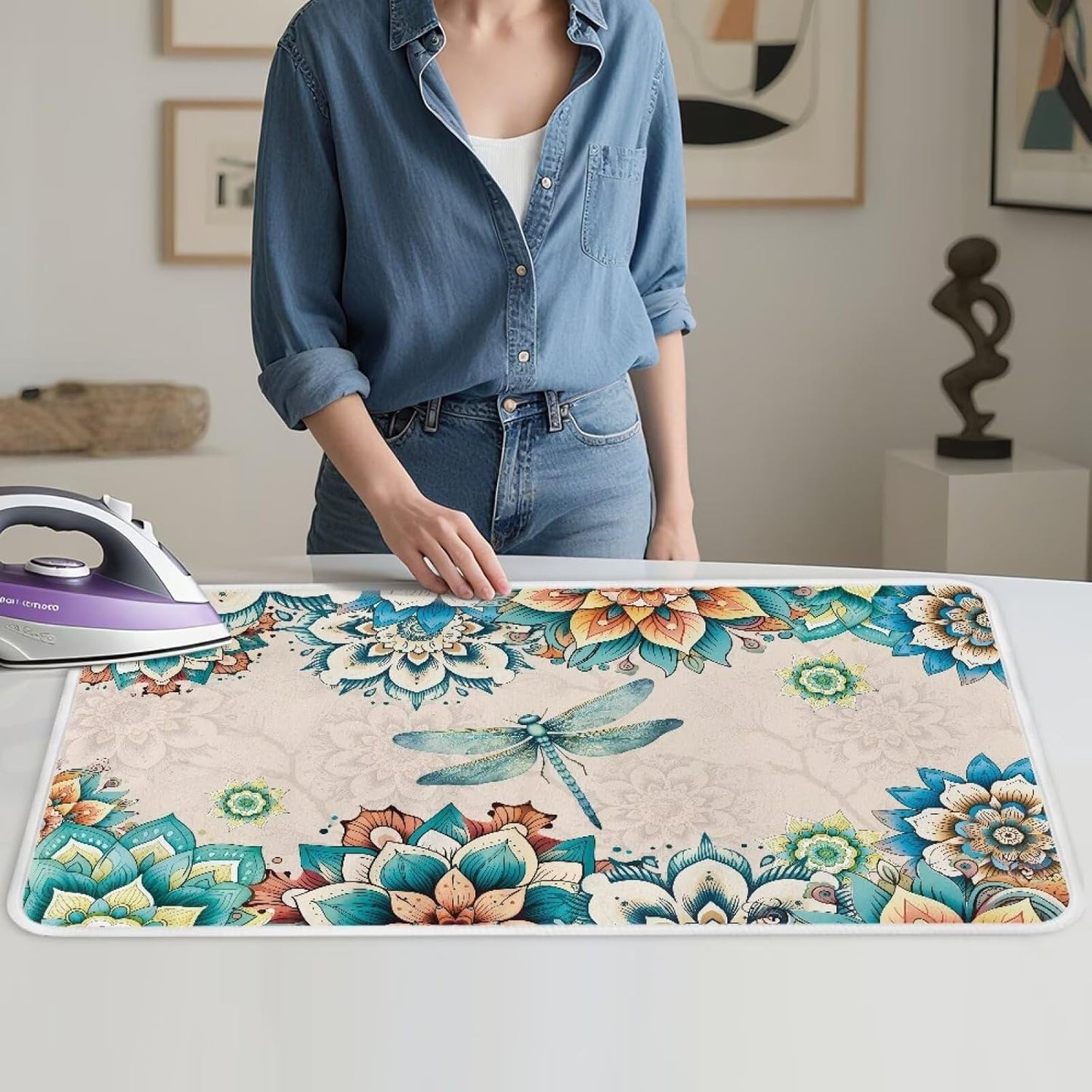 Bohemian Folding Ironing Mat Heat and Steam Resistant Dragonfly Ironing Pad 32 x 16 Inch Foldable Iron Mat for Table Top Washer,Dryer,Large Iron Board Mats Irons Pad