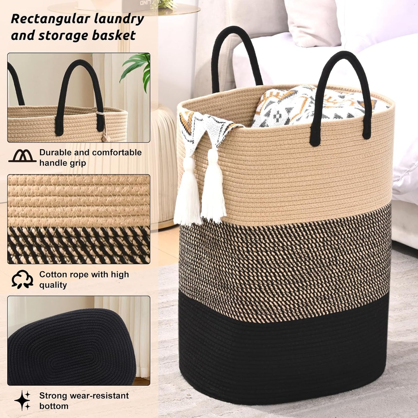 Woven Laundry Basket for Clothes, 100 L Large Rectangle Laundry Hampers, Nursery Storage Basket for Toys, Tall Dirty Clothes Hamper for Bedroom Aesthetic, Bathroom, Laundry Room