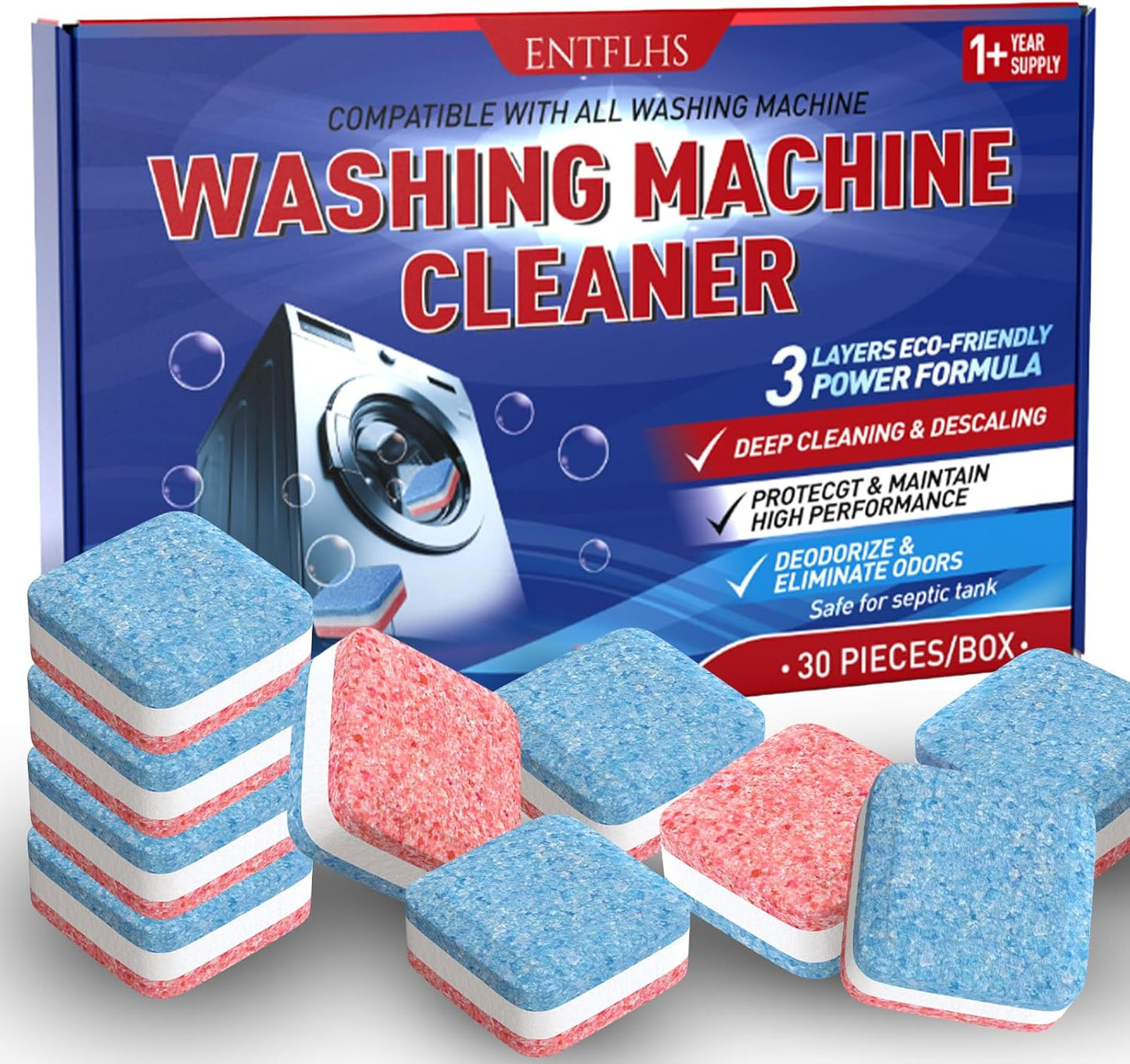 Washing Machine Cleaner Tablets 30 Pack - HE Top Load & Front Load Washer Cleaner, Eco Friendly Septic Safe, 3 Layers Deep Cleaning, Descaler & Deodorizer, 1+ Year Supply (30 Count