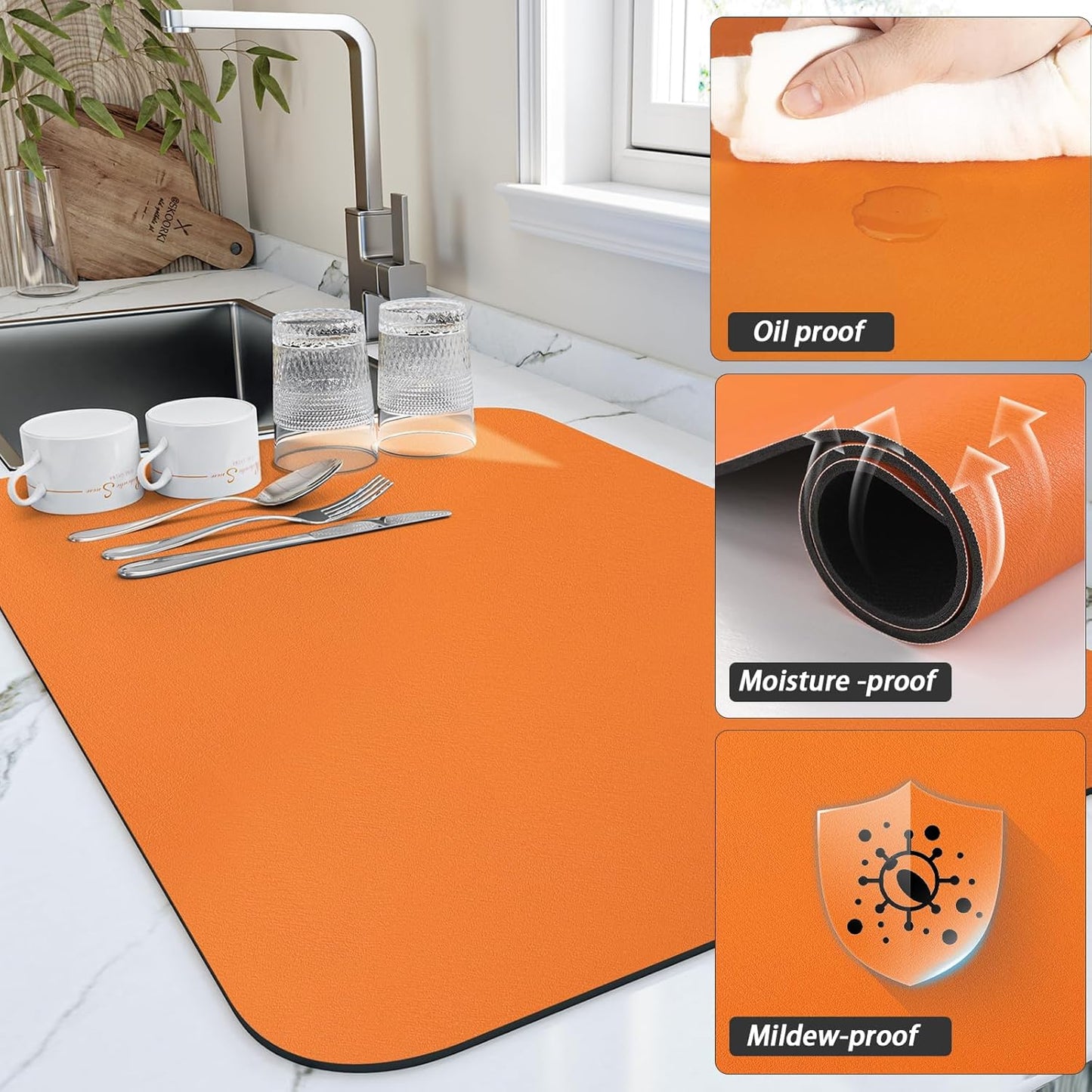 Dish Drying Mat for Kitchen Counter, Heat Resistant Drainer Mats with Non-slip Rubber Backed, Hide Stain Kitchen Super Absorbent Draining Mat, Easy to Clean Dish Rack Pad, Orange 18"x32"