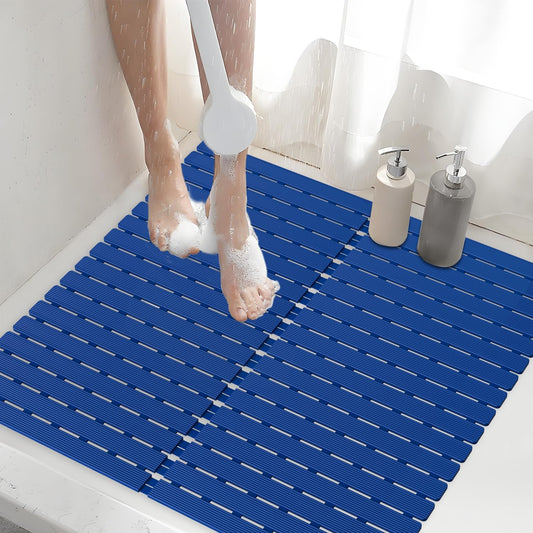 Shower Mat Non-Slip Bath Mat for Tub Floor & Stall with 200+ Suction Cups & Drain Holes, Quick Dry Machine Washable Bathtub Mat, Safe for Elderly& Baby, Bathroom Essentials 24x24 Inch (Blue)