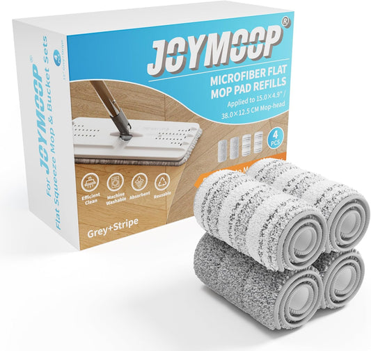 JOYMOOP Flat Mop Pads, Microfiber Mop Cleaning Pads, Washable Pads, Pads Replacement Flat Mop or Mop Bucket Set, Pack of 4 Refills 15inch - Grey and Stripe