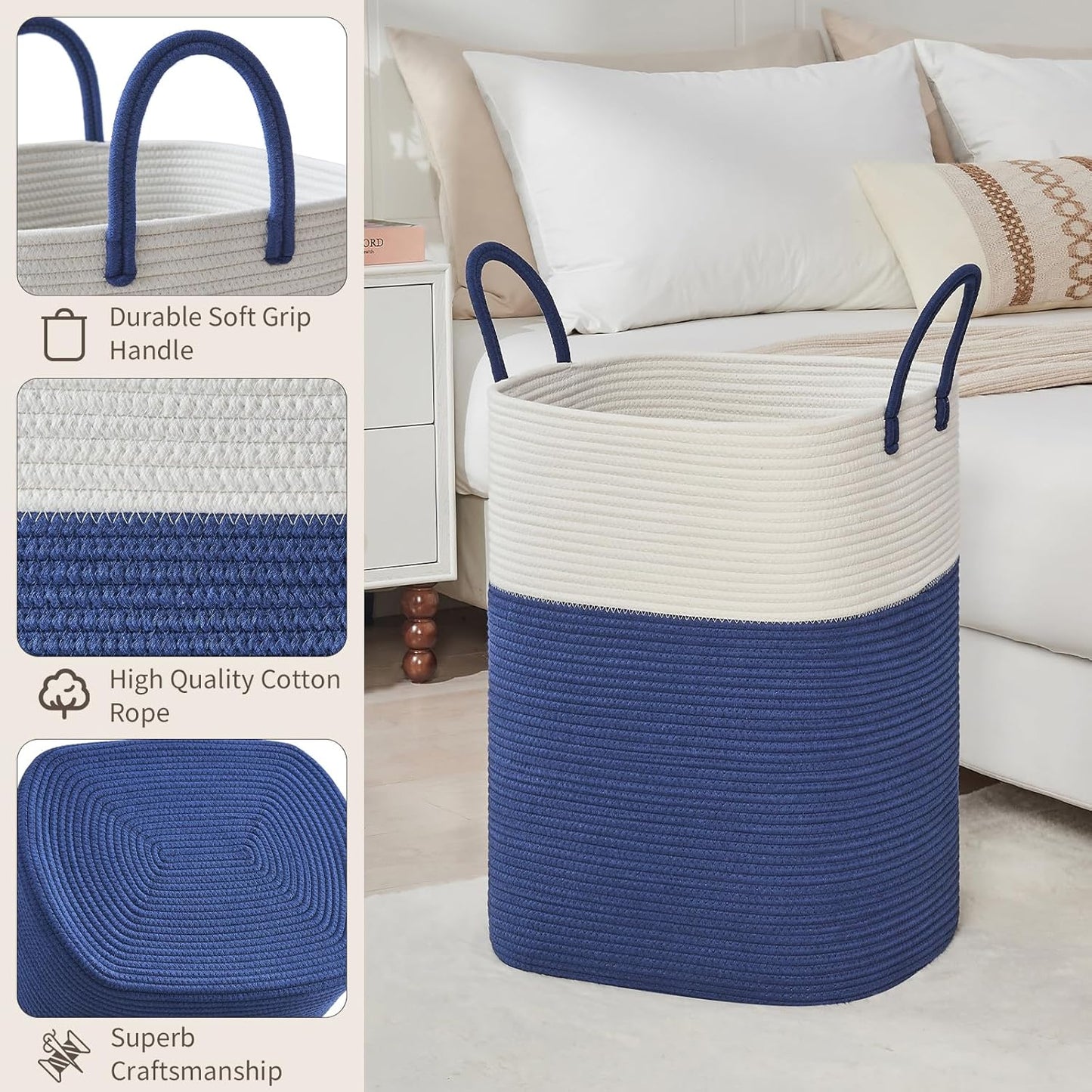 Laundry Basket with Handles - Blanket Basket & Hampers for Bedroom Aesthetic, Laundry Hamper & Blanket Storage for Living Room, Clothes Hamper, Tall, Large 17" x 14" x 23”, White & Dark Blue