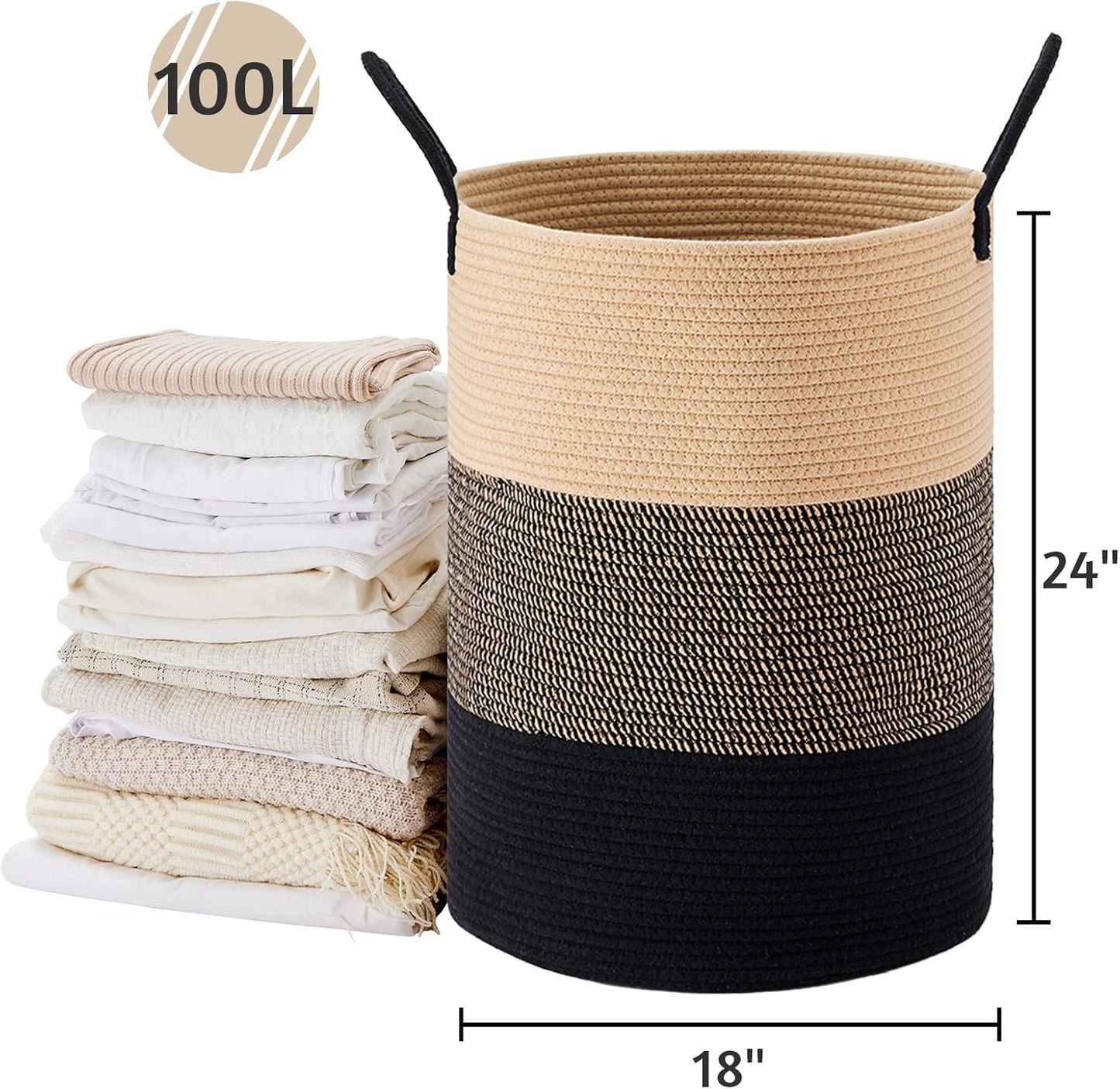 VIPOSCO Large Laundry Hamper, Tall Woven Rope Storage Basket for Blanket, Toys, Dirty Clothes in Living Room, Bathroom, Bedroom - 100L Brown & Black