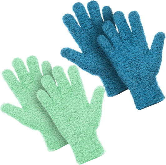 Patelai 2 Pairs Microfiber Gloves for plants Dusting Cleaning Glove Mittens House Cars Blinds Dusting(Blue, Grass Green, Large)