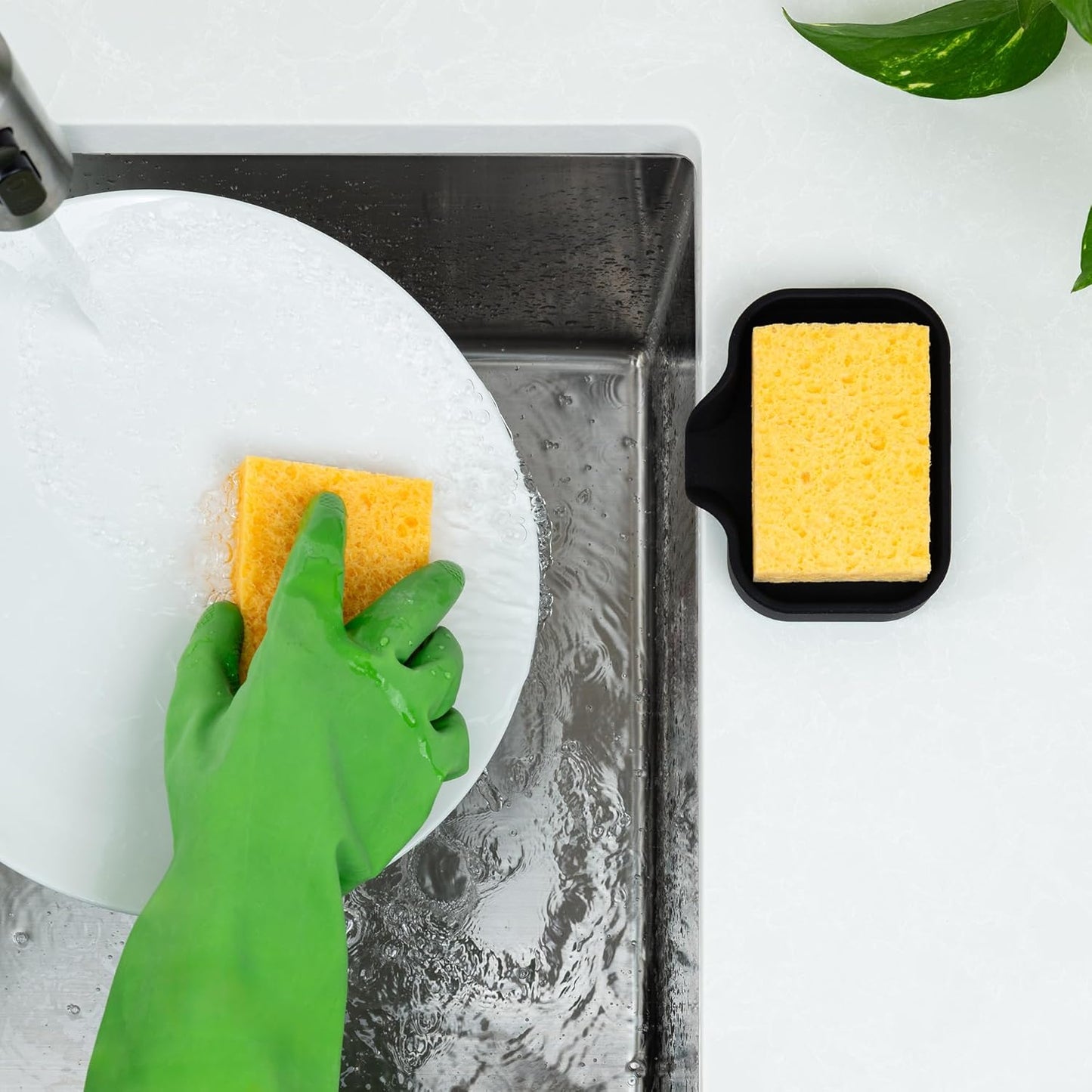 Zulay Kitchen Small Silicone Sponge Holder (4.9x3.3”) – Space-Saving Sink Organizer Tray for Sponge, Soap, Brush & More – Compact Non-Slip Dish for Kitchen & Bathroom (Black)