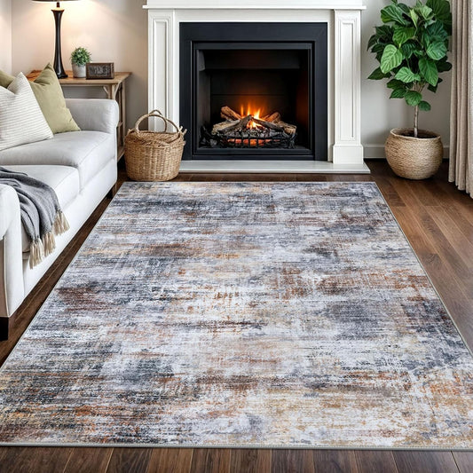 IOHOUZE Abstract Area Rugs 5x7 Ft Washable Rugs for Living Room, Non Slip Dining Room Rug, Printed Faux Wool Rugs for Bedroom, Floor Carpet for Office Nursery Playroom, Orange Grey