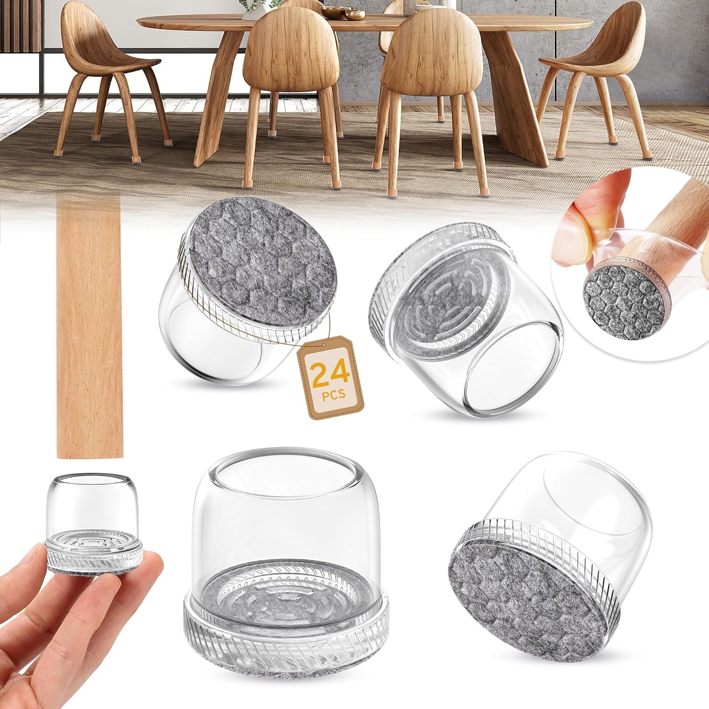 24PCS Extra Small Chair Leg Floor Protectors, Furniture Sliders, Chair Leg Protectors for Hardwood Floors, Non-Slip Felt Furniture Pads, Round Silicone Cap Covers to Protect Floors(Fit 0.5" - 0.75")