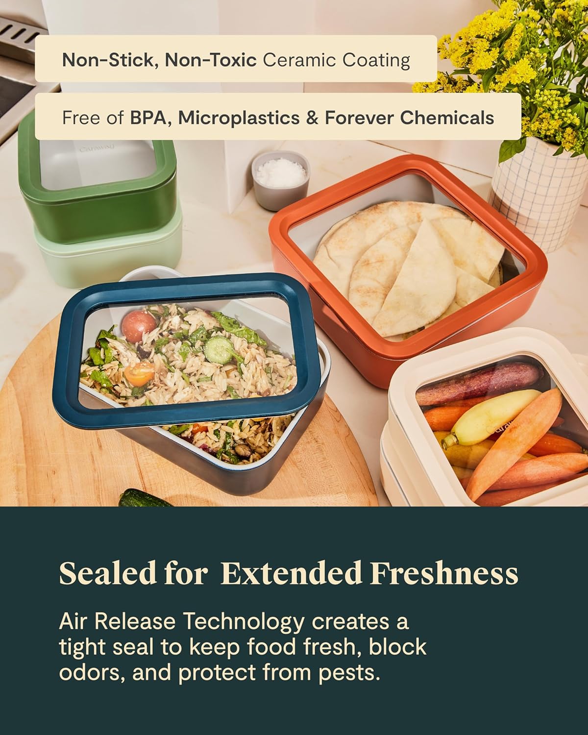 Caraway 25pc Glass Food Storage Set - Glass Storage Containers for Food - Non-Toxic Ceramic-Coated Glass - Air Release Technology - Compact & Stackable Design - Navy