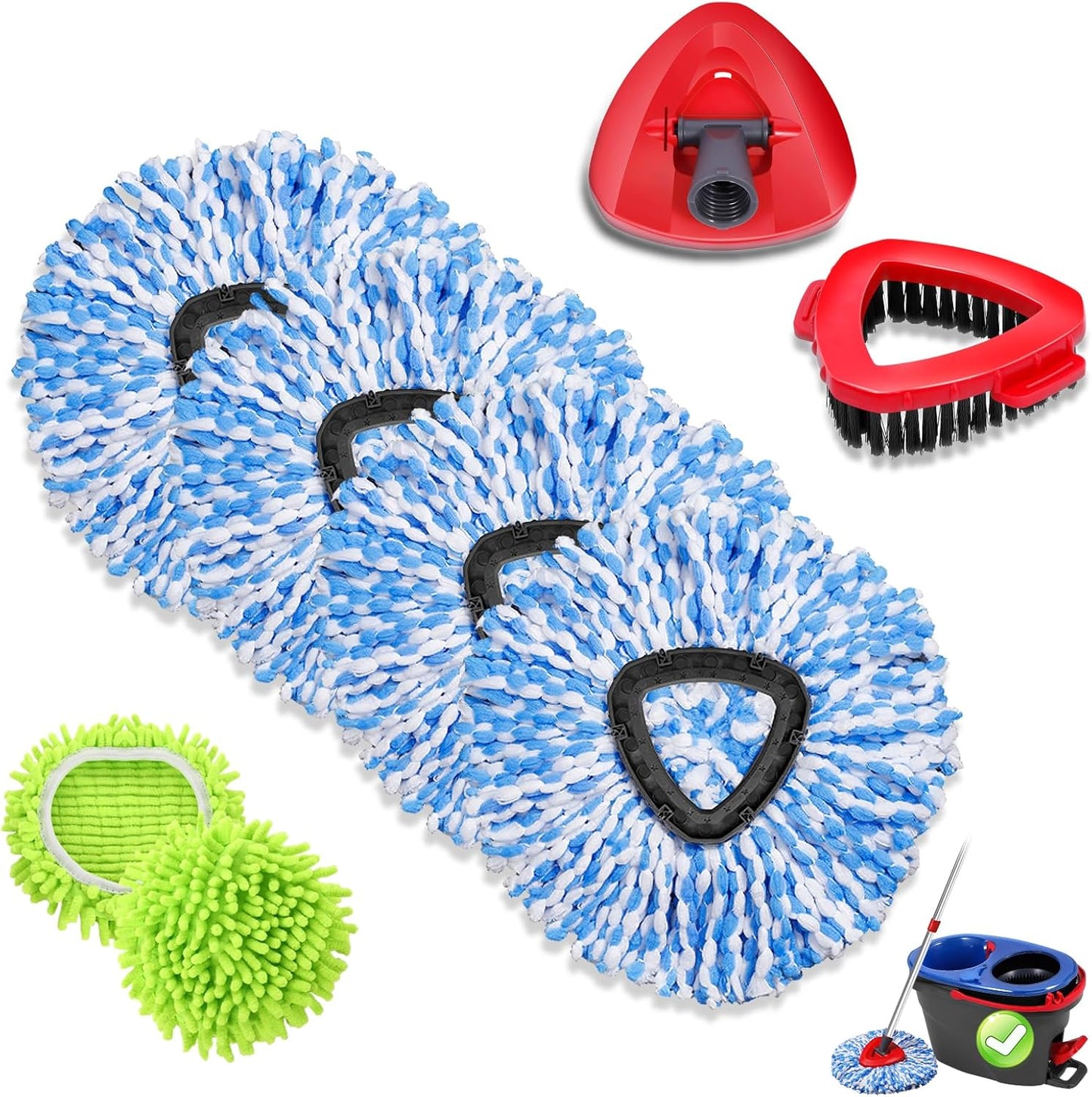 Microfiber Spin Mop Head Replacement 4 Pcs & 2 Chennile Mop Replace & 1 Scrub Brush & 1 Base Combo for Oceda RinseClean 2-Tank System,Mop Replacements Head,Machine Washable for Tub and Tile