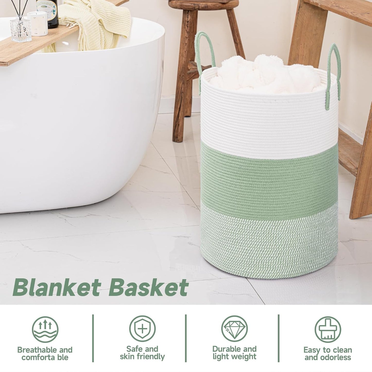 CLHMILY&Z 60L Laundry Basket Round Storage Rope Basket - 15x20.5 Inches - Green Hamper in Bedreoom and Cute Storage Bin for Blankets, Toys, and Nursery Essentials