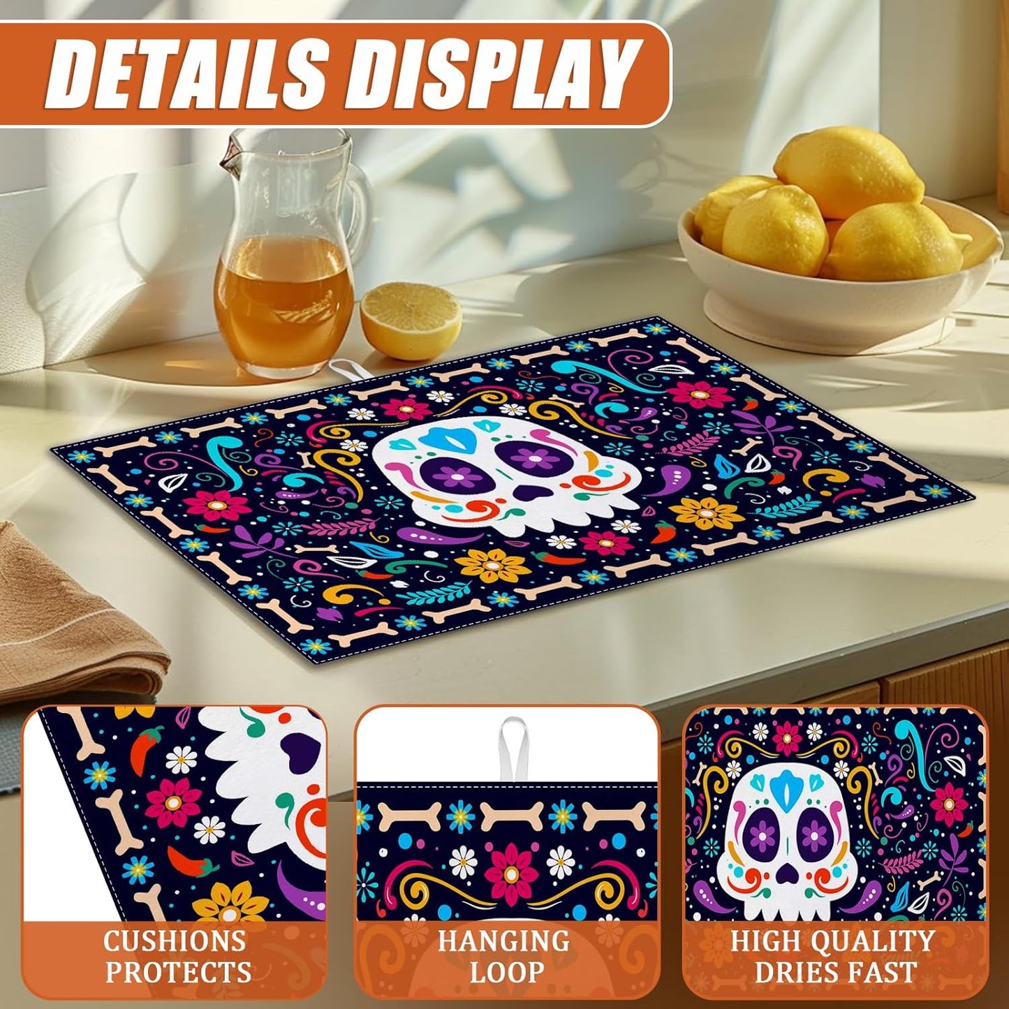 Sugar Skull Dish Drying Mat for Kitchen Counter Microfiber Absorbent Dish Day of the Dead Kitchen Drying Mat Draining Reusable Washable for Dishes/Utensils/Counterto