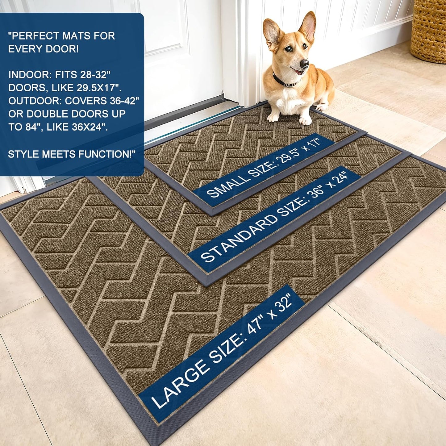 OLANLY Front Door Mat Indoor Outdoor Entrance, Waterproof All-Season, All-Weather Doormat, Sturdy Natural Rubber, Low Profile, Easy Clean Patio Porch Entryway Mat, Herringbone Brick (Brown, 59x23)