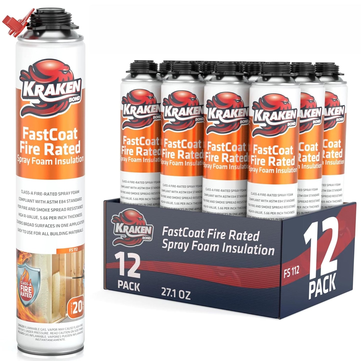 Kraken Bond Fastcoat Fire Rated Spray Foam Insulation Kit Closed Cell in a Can 240 sq ft (12x27.1 oz.)(R-Value 11.32 / 2in)- Spray Foam for Garage Door, Attic, Wall Gun & Cleaner Not Included, 12 Pack