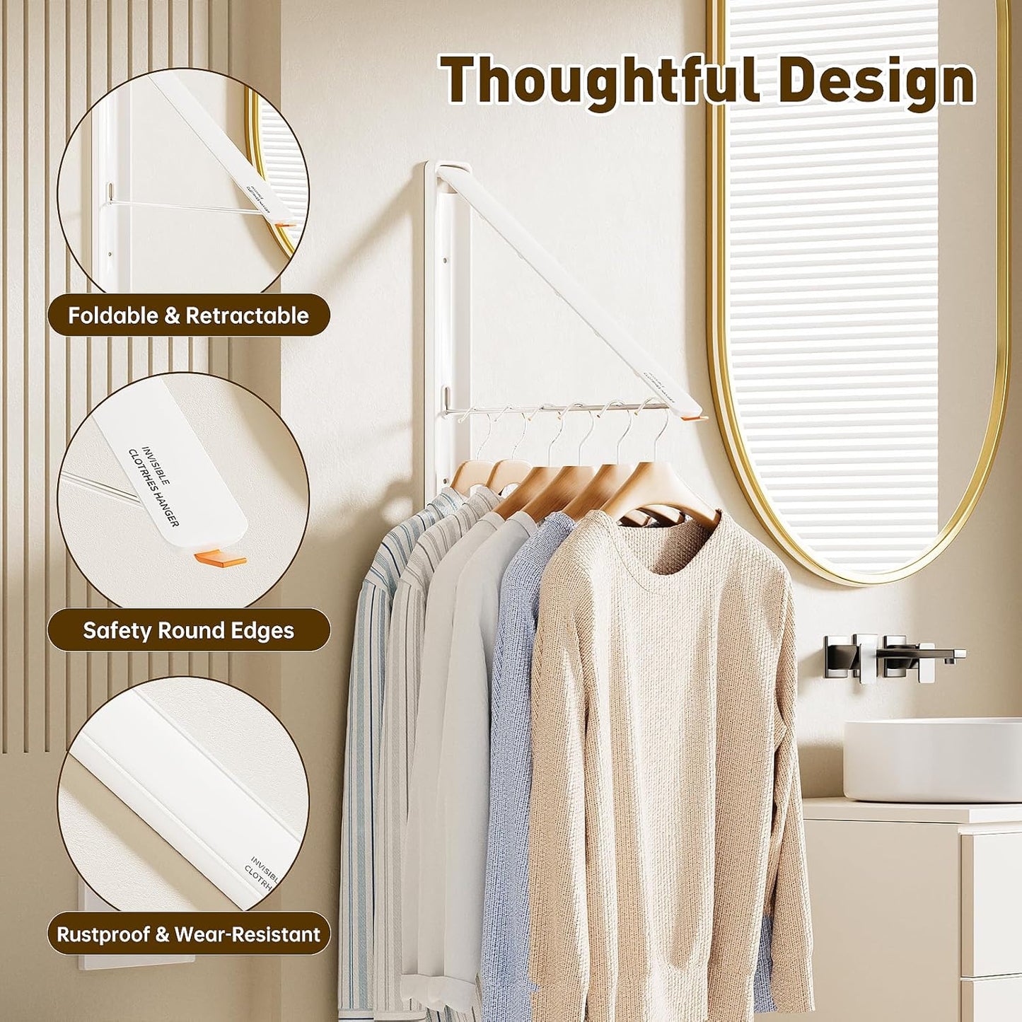 Clothes Drying Rack, Laundry Room Wall Mounted Retractable Clothes Hanger Drying Rack, Laundry Clothing Drying Rack Folding Indoor or Outdoor, Easy Installation Aluminium Dryer, 2pcs(White)