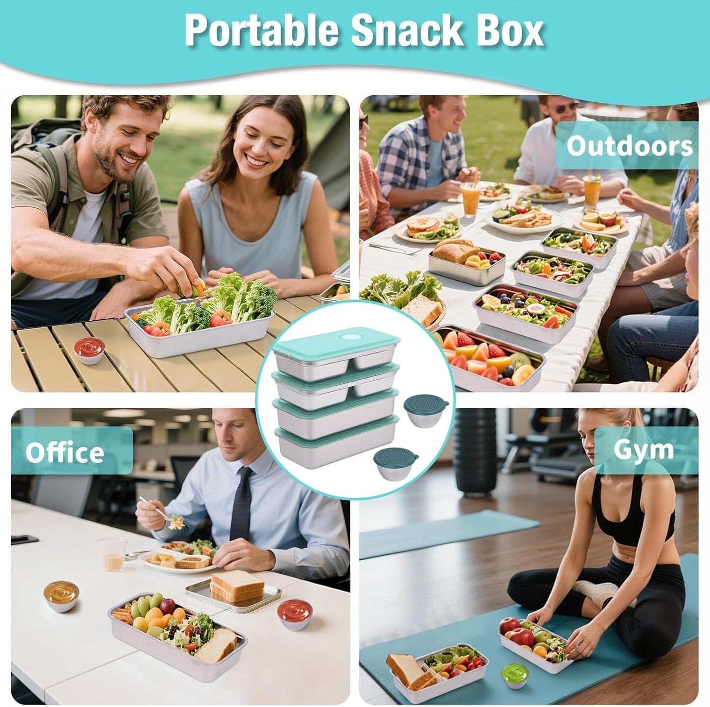 6 Pack Stainless Steel Snack Containers with Lids, 2-Compartment Bento Box, Lunch Box & Salad Dressing Container To Go, Leakproof Food Storage for Adults, Dishwasher Safe for Travel Office