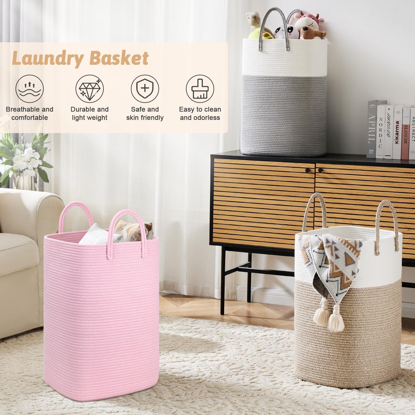 Laundry Basket,Woven Cotton Rope Laundry Hamper,100L Versatile Storage for Dirty Clothes,Baby Toys,and Blankets in Bathroom, Nursery,and Living Room