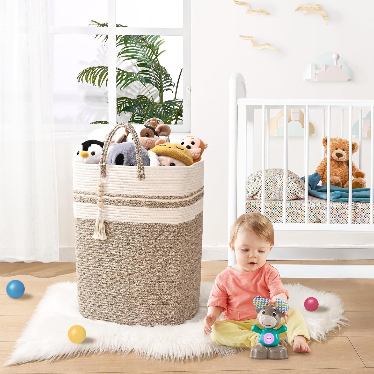 Woven Laundry Basket for Clothes, 80 L Large Rectangle Laundry Hampers with Beads Tassel, Nursery Storage Basket for Toys, Tall Dirty Clothes Hamper for Bedroom Aesthetic, Laundry Room Organization