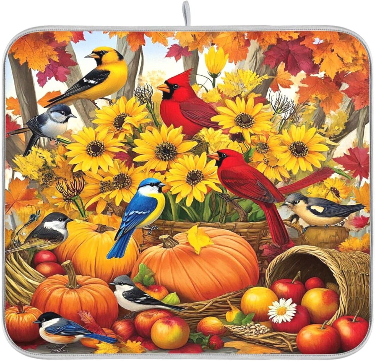 Fall Birds Dish Drying Mat for Kitchen Countertop 16x18 Autumn Pumpkin Sunflower Small Drying Mat Reusable Quick Dry Dish Sink Mats Easy Clean Decorative Essentials