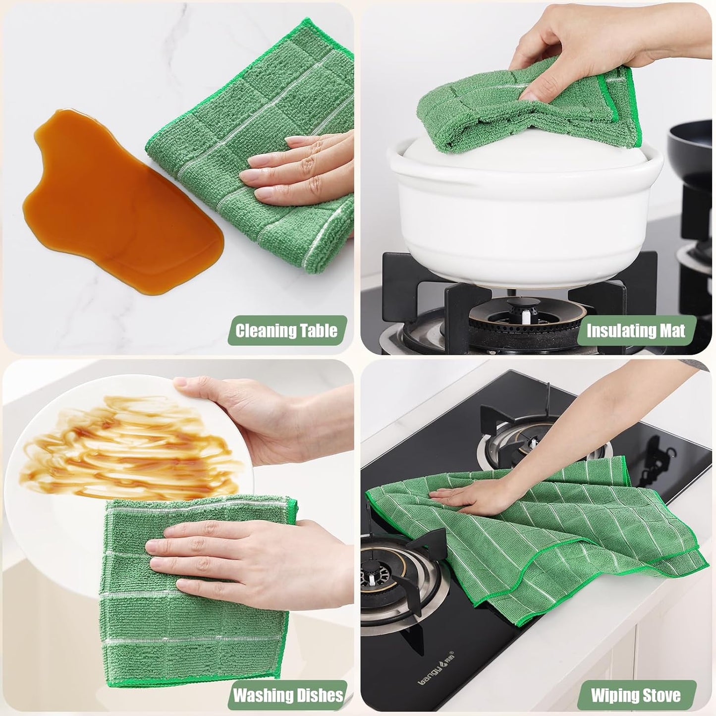 Homaxy Microfiber Kitchen Towels and Dishcloths Set, 16 Pack Soft and Absorbent Dish Hand Towels Bulk, 28 x 16 Inch & 12 x 12 Inch Quick Drying Rags for Washing Dishes, Grass Green