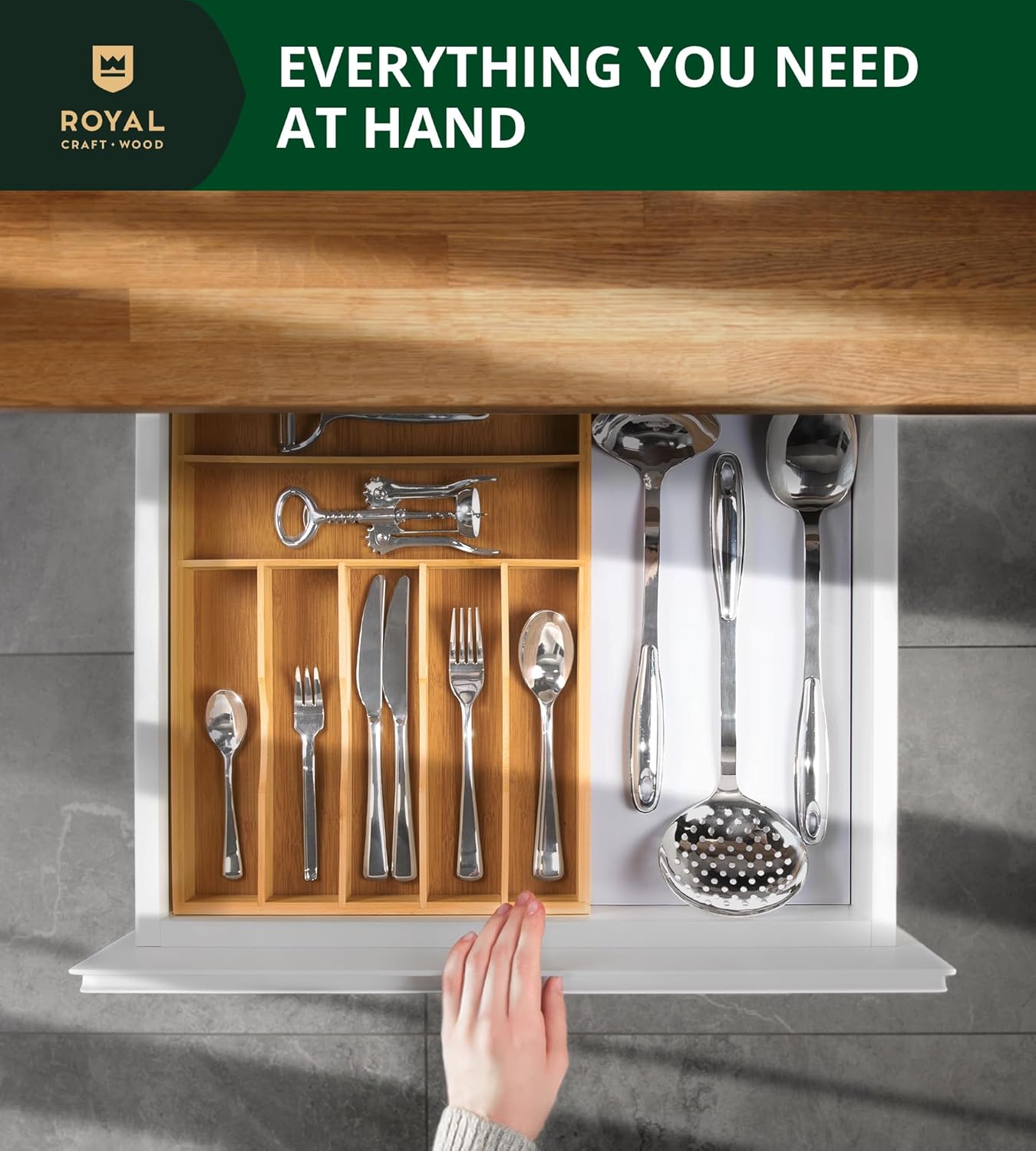 ROYAL CRAFT WOOD Luxury Bamboo Utensil Rack and Silverware Organizer, Kitchen Drawer Organizer - Utensil Holder and Cutlery Tray with Grooved Drawer Dividers for Flatware 7 Slot, Natural