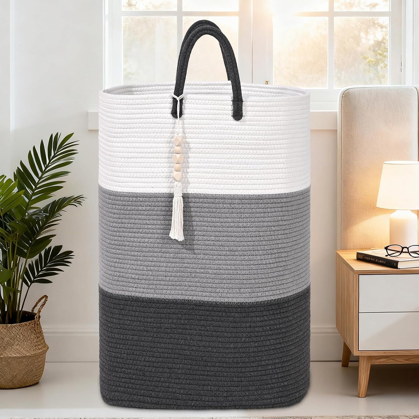 Woven Laundry Basket for Clothes,100 L Large Rectangle Laundry Hampers with Beads Tassel, Nursery Storage Basket for Toys, Tall Dirty Clothes Hamper for Bedroom Aesthetic, Laundry Room Organization