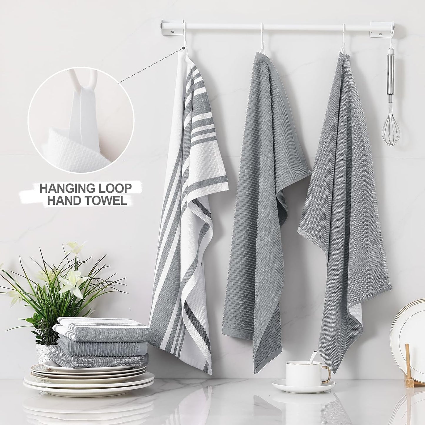 Homaxy Premium Kitchen Towels(18”x 28”, 6 Pack), Large Cotton 380 GSM Kitchen Hand Towels, Soft and Absorbent Terry Dish Towels, Multipurpose Tea Towel Set with Hanging Loop, Grey