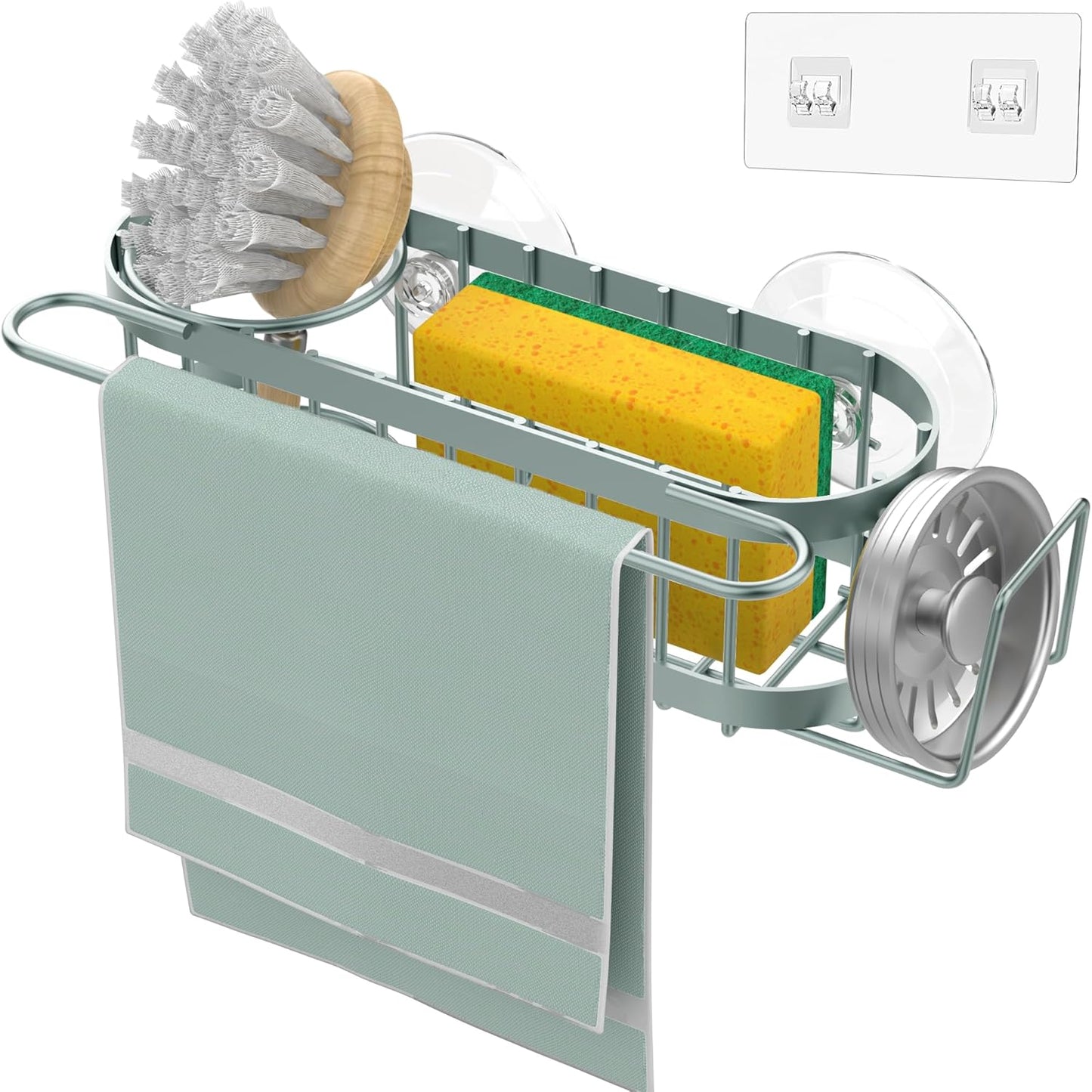 Cisily Sage Green Kitchen Sink Caddy Sponge Holder in the Sink, Stainless Steel Kitchen Organizer, Brush Holder, Dish Cloth Hanger 2 Installation Ways (Suction & Adhesives