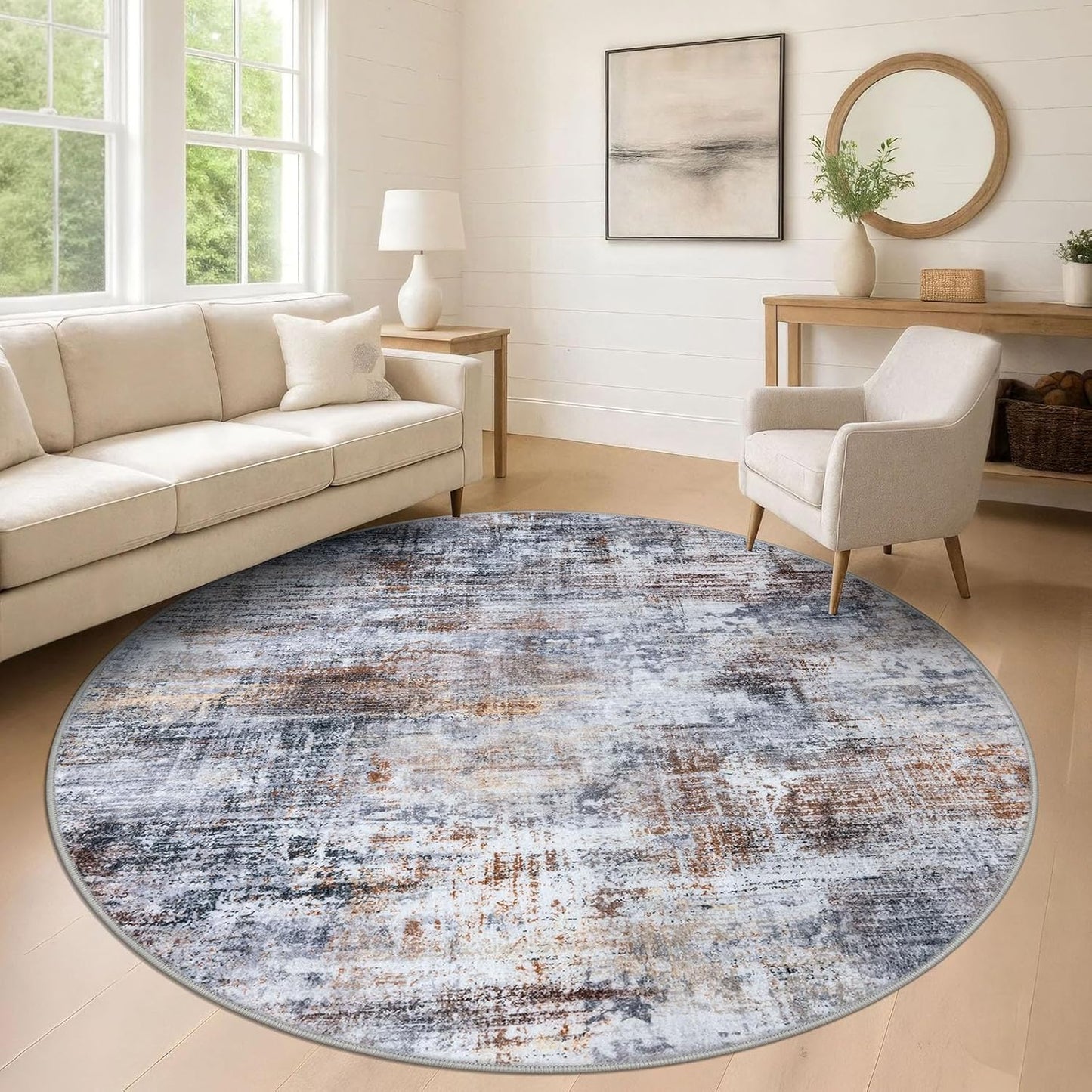 IOHOUZE Abstract Round Area Rug 8 Ft Washable Circle Rugs Large Round Rug Non Slip Thin Soft Circle Rugs, Printed Faux Wool Floor Carpet for Bedroom Living Room Dining Room Nursery, Orange Grey
