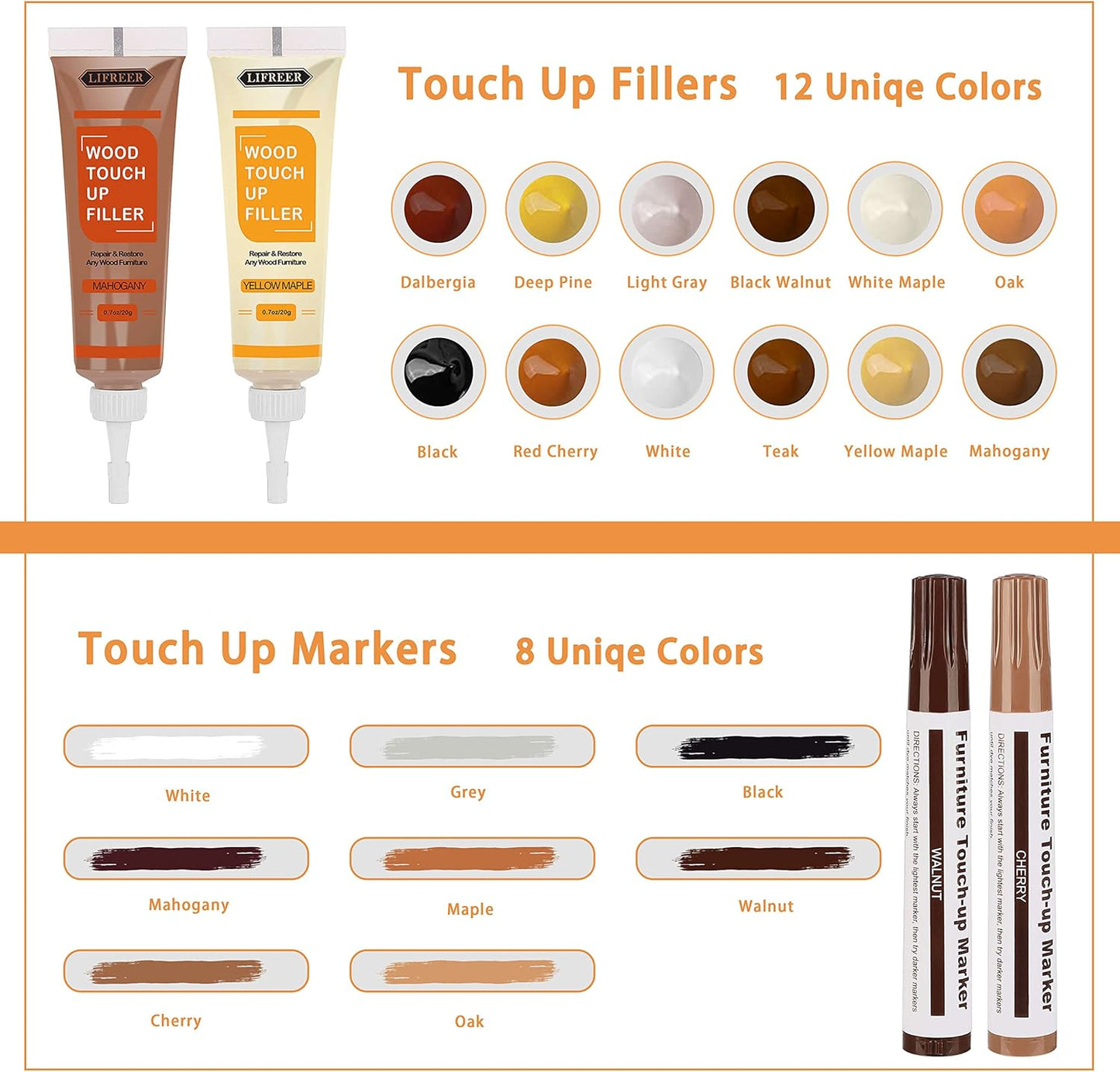 Lifreer Wood Furniture Repair Kit - 40 Pcs Wood Filler, Touch Up Markers with Wax Sticks - for Wood Floors, Stains, Scratches,Tables, Door, Carpenters, Bedposts