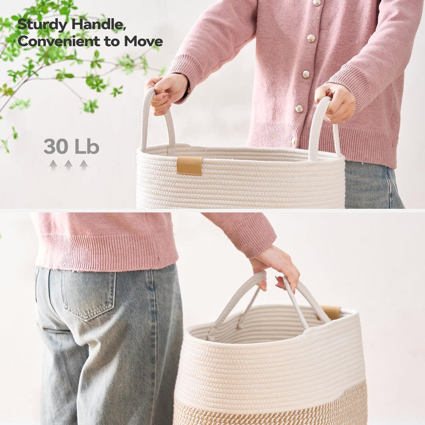 Laundry Hamper 95L,Large Laundry Basket for Clothes,Decorative Storage Basket for Blankets,Cotton Rope Woven basket for bedroom,Brown White