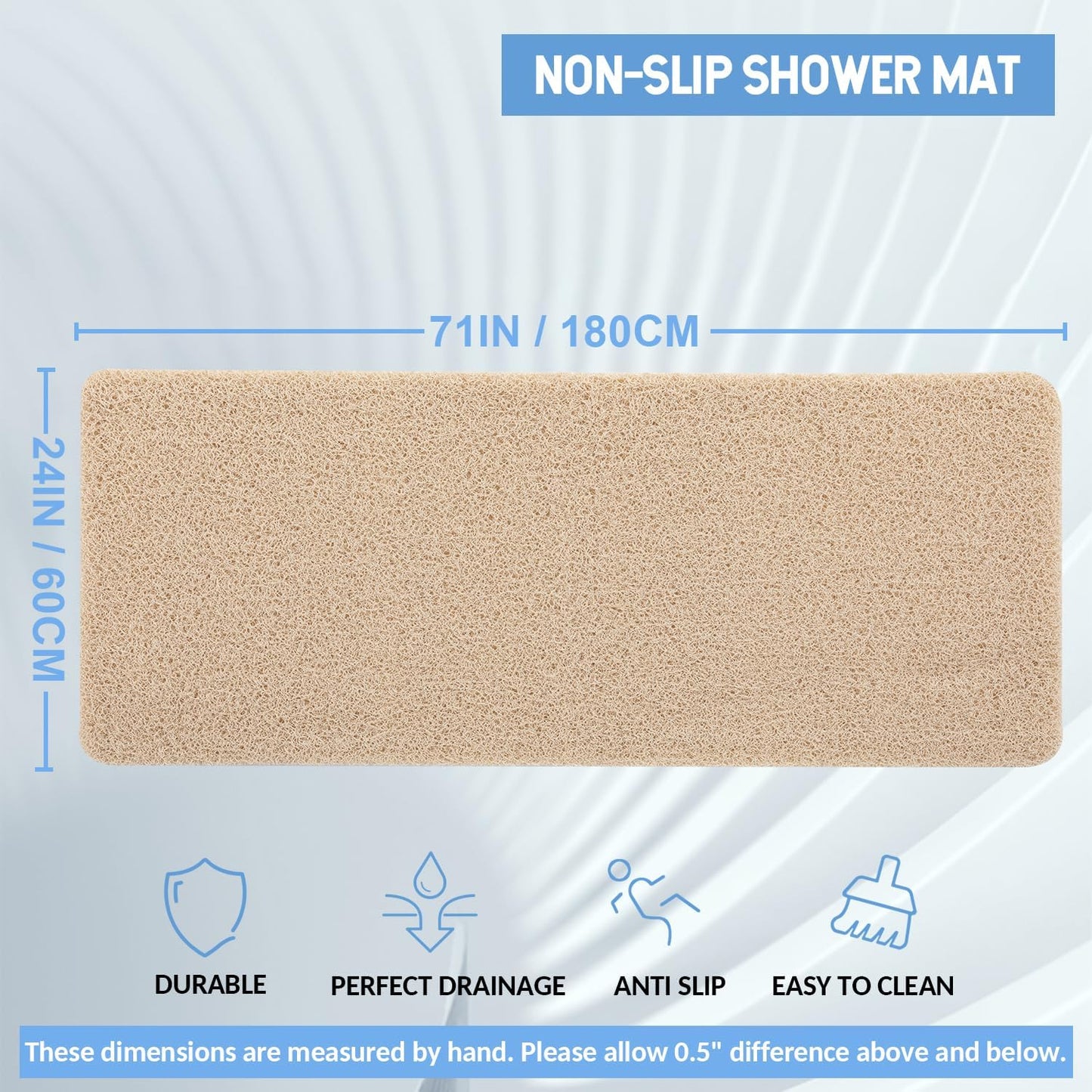 Non-Slip Bathtub Mat, Anti Slip Shower Mat, Fast Drying Bathtub Mats, Foot Scrubber Mat, Anti Slip Mat for Tub, Floor, Bathroom, Kitchen, Home, Hotel (Beige 71"×24")