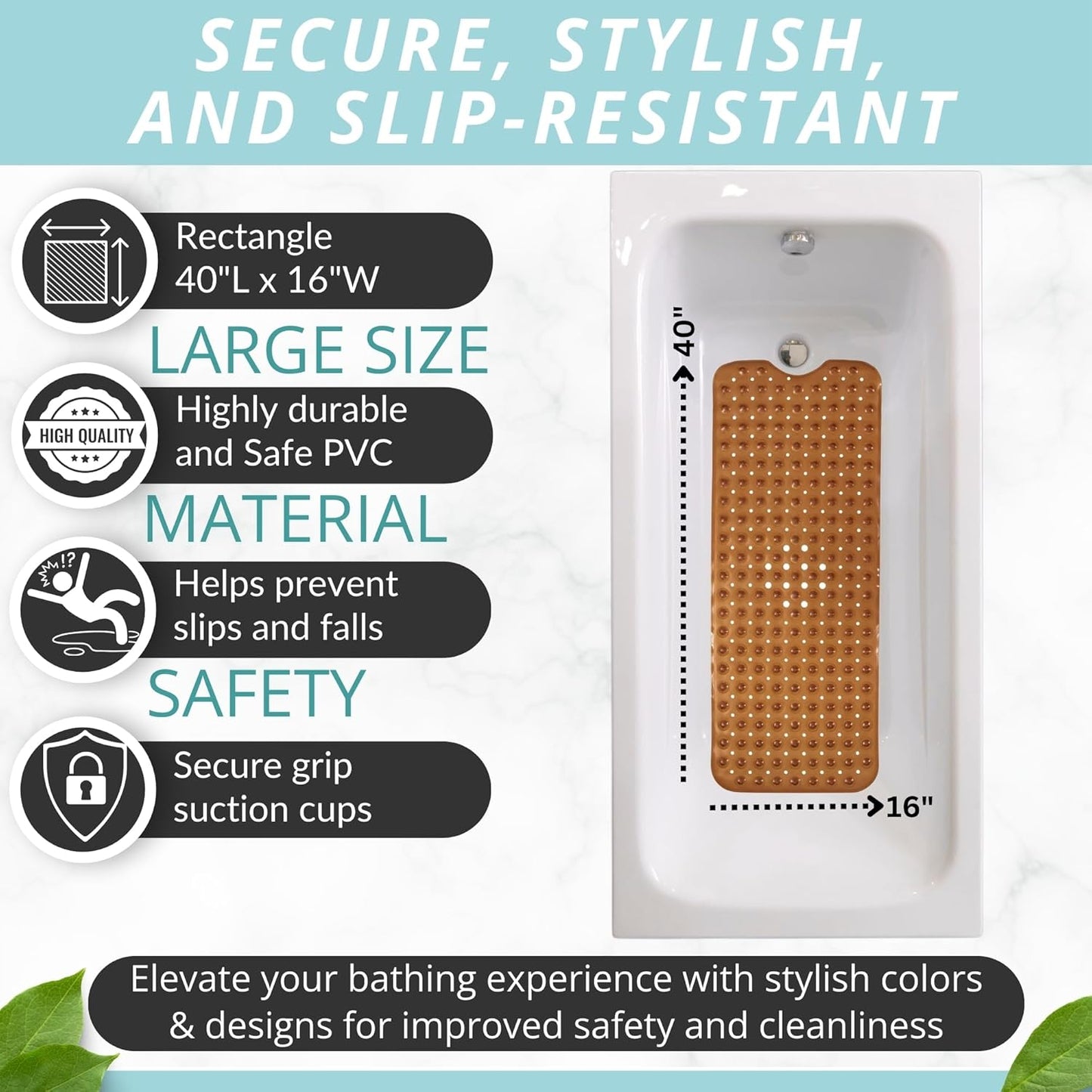 ENKOSI Bath Mat - Large Non Slip Bathtub & Shower Mat - Extra Long 40 x 16 Inch Bathroom Mats for Tub Nonslip Anti Slip Bathmats (40x16 Clear Brown 1-Pack)