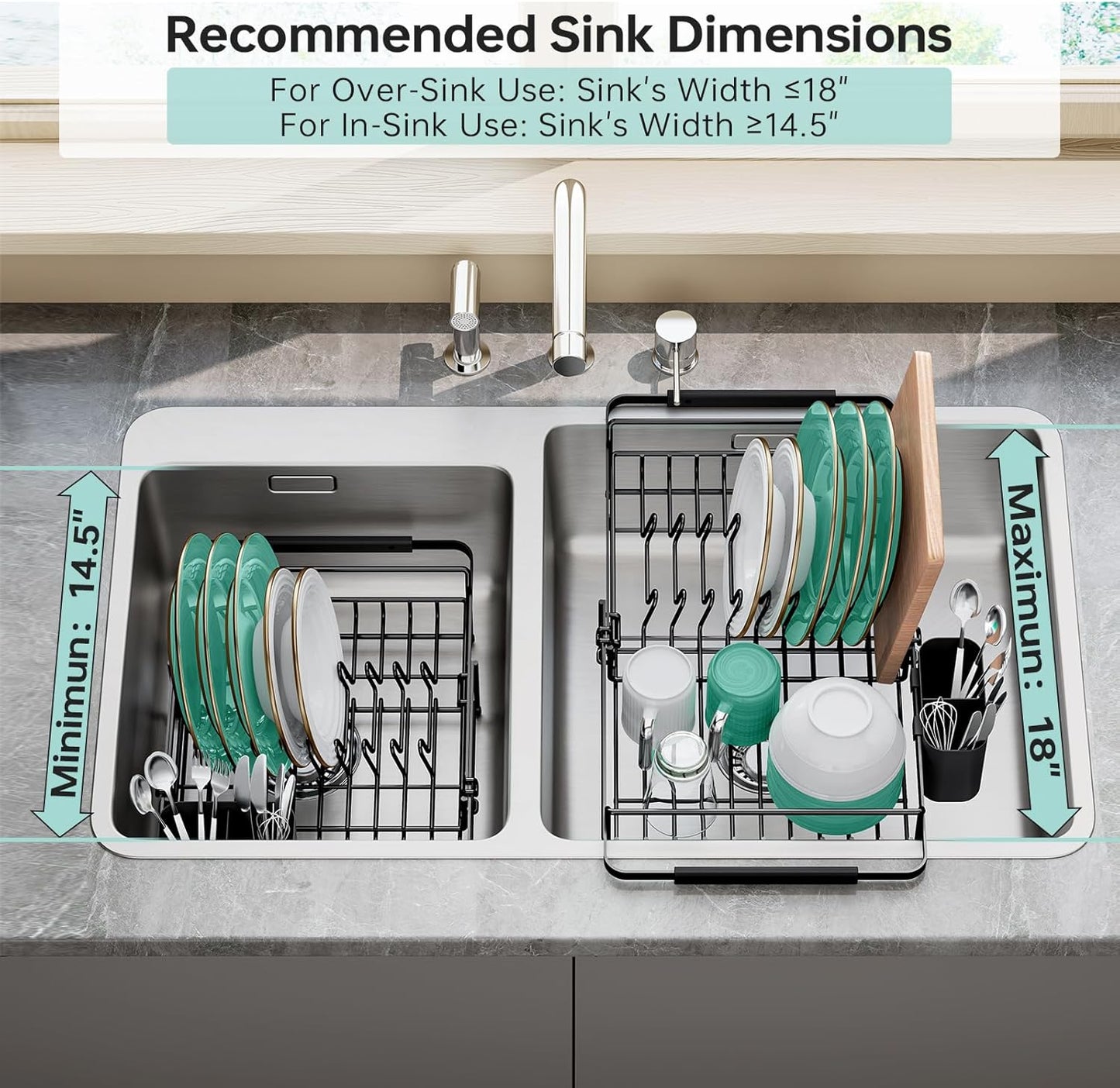 Dish Drying Rack in Sink - Expandable (14.5''-18''L) Over The Sink Dish Rack with Utensil Holder, Space-Saving Dish Drainer for Kitchen Counter, 1 Piece, Matte Black