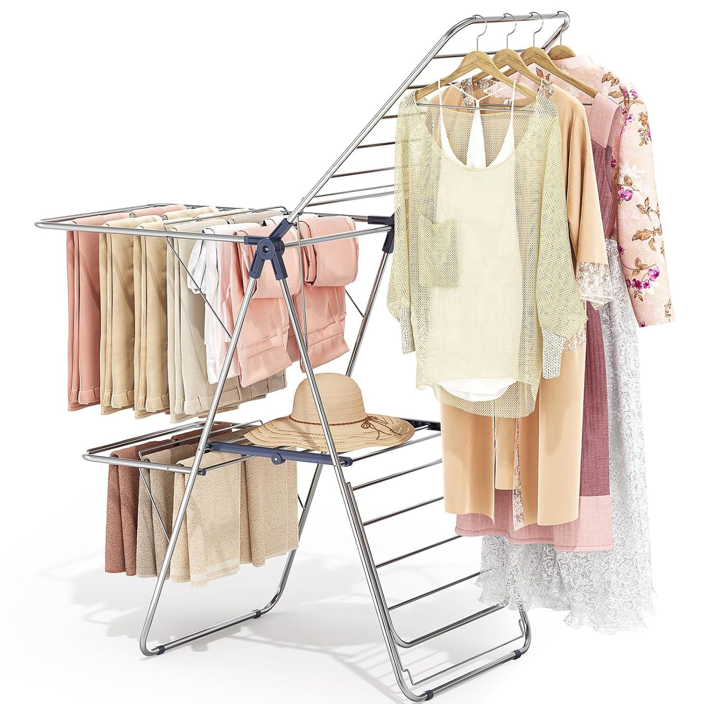 APEXCHASER Clothes Drying Rack with 4 Wings, Stainless Steel Drying Rack Clothing with Height-Adjustable, Foldable Gullwings Laundry Drying Rack, Indoor Outdoor Use, No Assembly, Blue