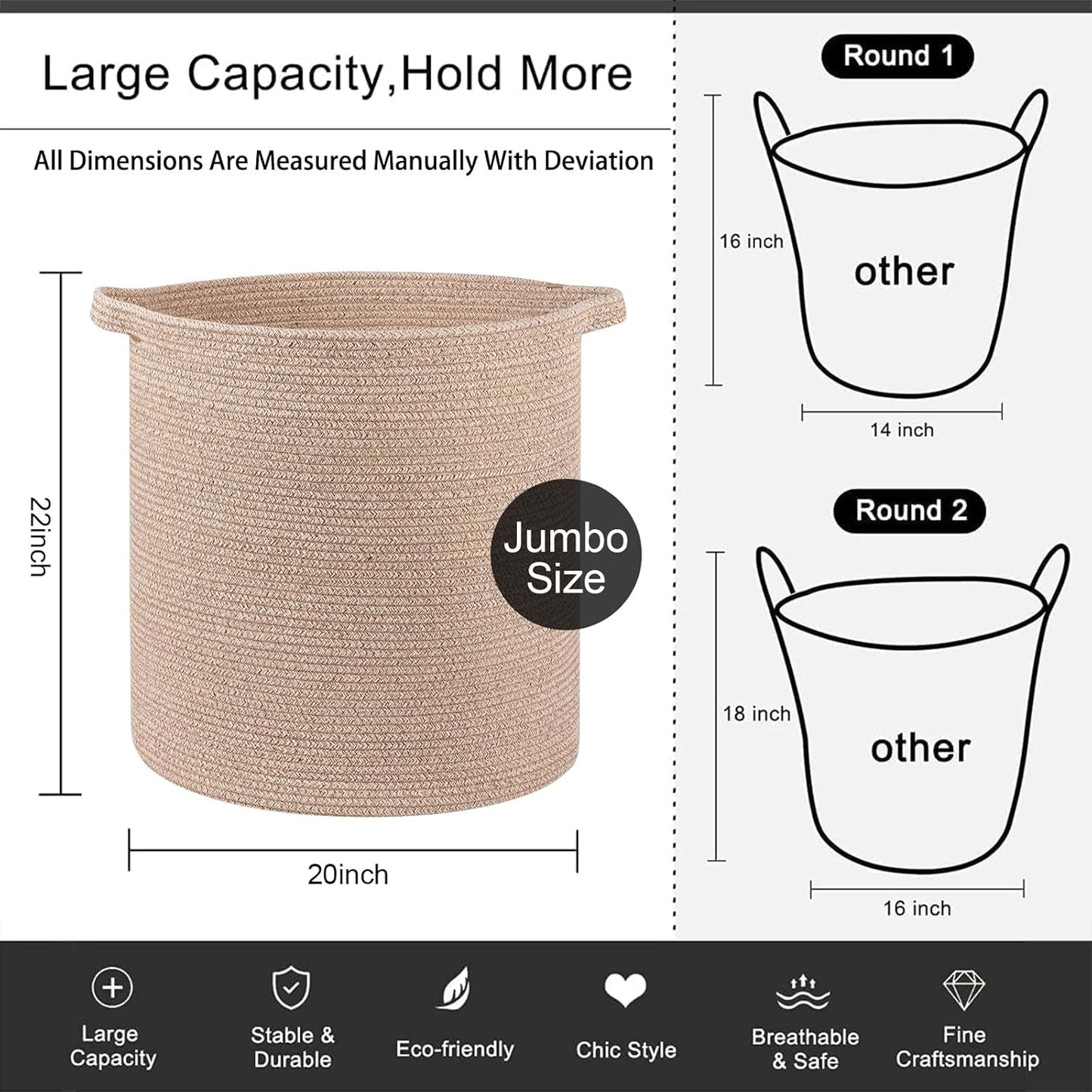 OIAHOMY 80L Laundry Hamper, Storage Basket with Handles, Laundry Basket For Toys, Pillows, Blankets,Clothes-20x18in-Brown