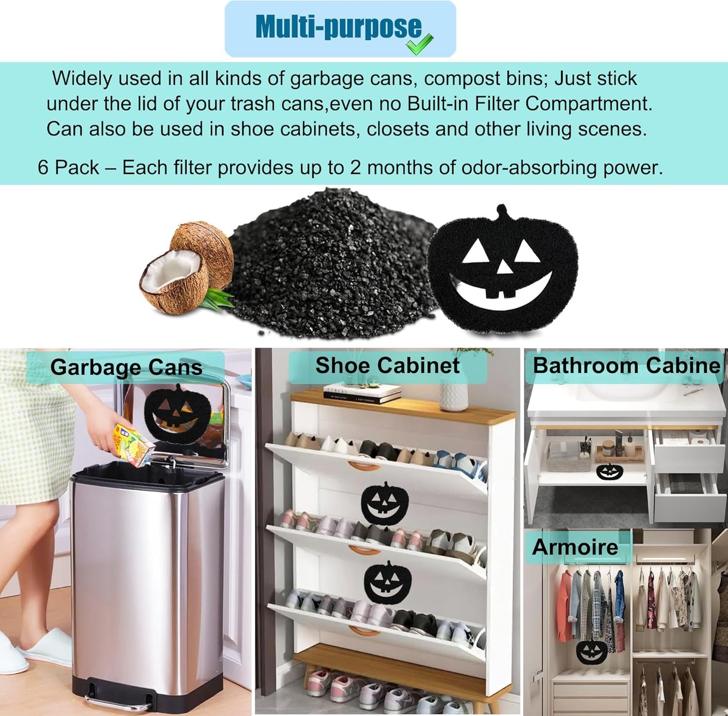 6-Pack Universal Trash Can Odor Absorbing Filters, Activated Charcoal Deodorizer for Trash Cans, Compost Buckets, Countertop and Recycle Bins (Halloween Pumpkin)