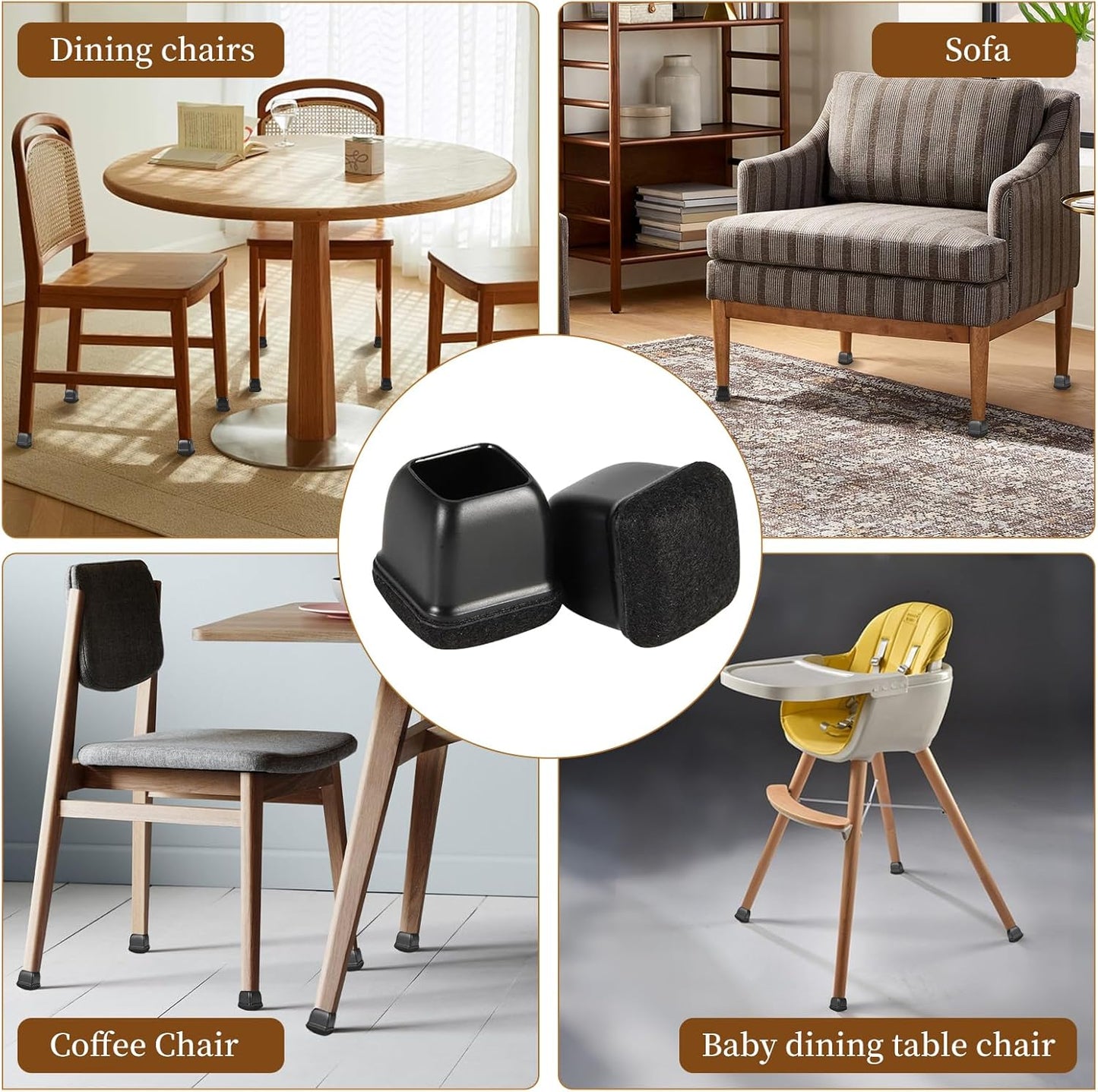 Square Chair Leg Floor Protectors Large 24Pcs,Silicone Chair Leg Protectors for Hardwood Floors/Tiles,Black 360°Wrapped Felt Bottom to Prevent Scratch and Reduce Noise