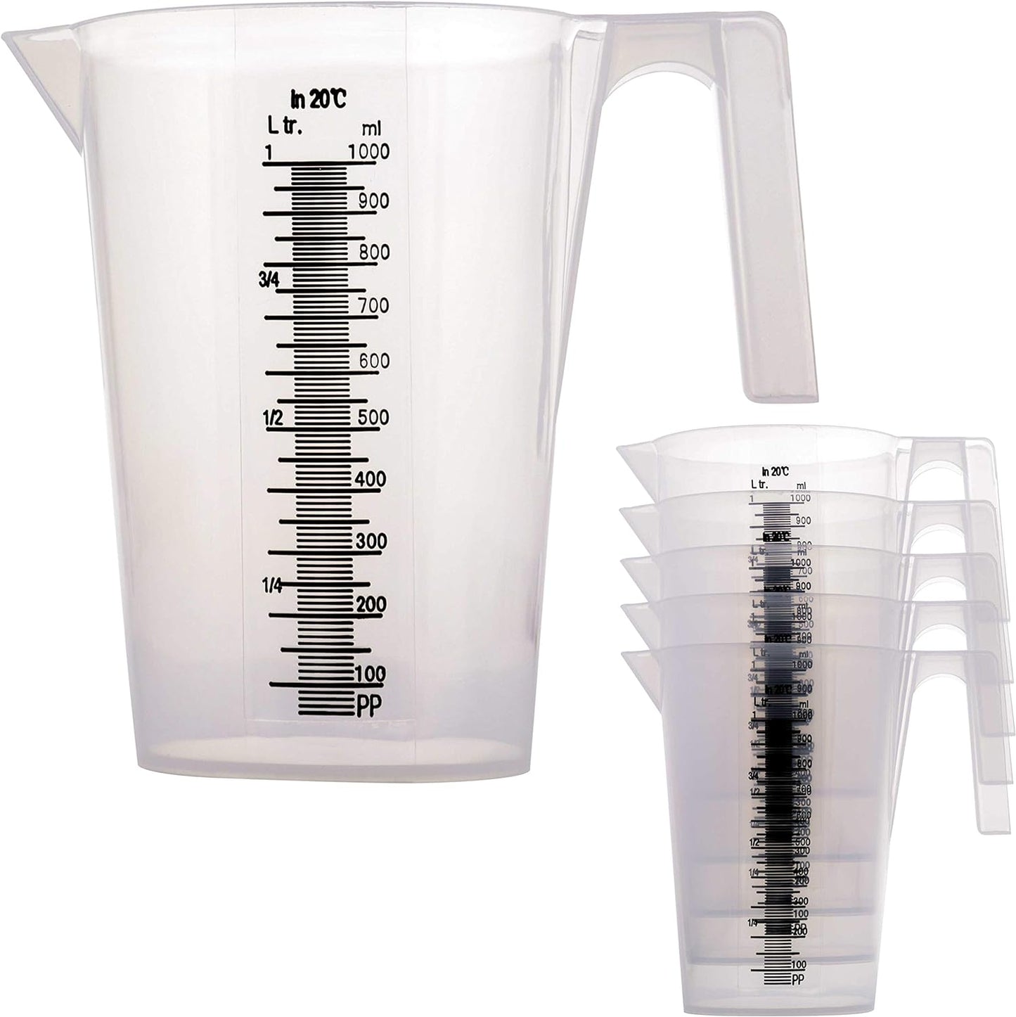 TCP Global 1 Liter (1000ml) Plastic Graduated Measuring and Mixing Pitcher (Pack of 6) - Holds Over 1 Quart (32oz) - Pouring Cups, Measure & Mix Paint, Resin, Epoxy, Kitchen Cooking Baking Ingredients