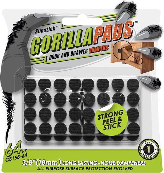 Slipstick GorillaBumperPads Premium Cabinet Door Bumpers 3/8” Round Non Slip Pads, Cabinet Stoppers, Bumpers for Drawers, Cupboards, Cutting Boards, Glass Tops, Picture Frames, 64 Gripper Dots
