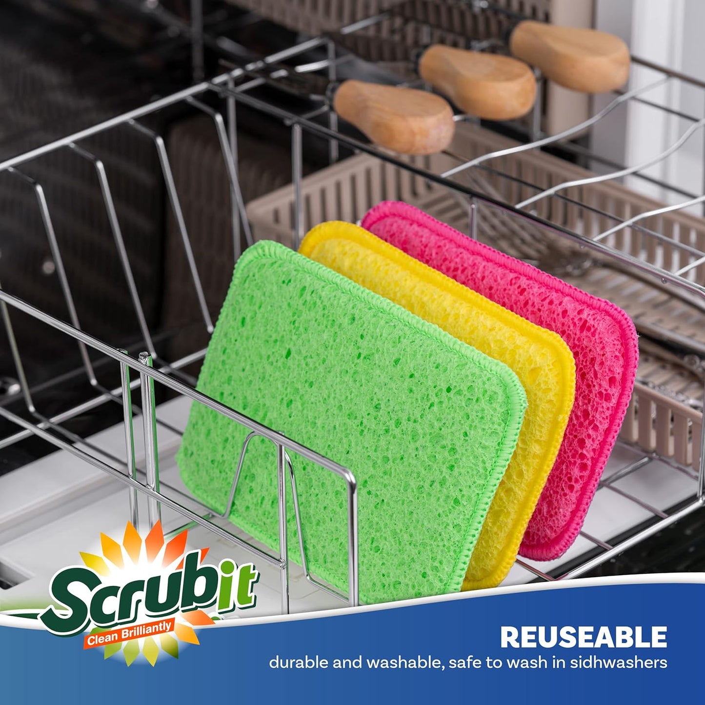 SCRUBIT - [12 Pack] Scrub and Wipe Cleaning Pads – Dual Sided Scouring Pad and Dish Sponge -Reusable Kitchen Sponge for Pots, Pans Utensils & Non-Stick Cookware - Assorted Color Dishwashing sponges