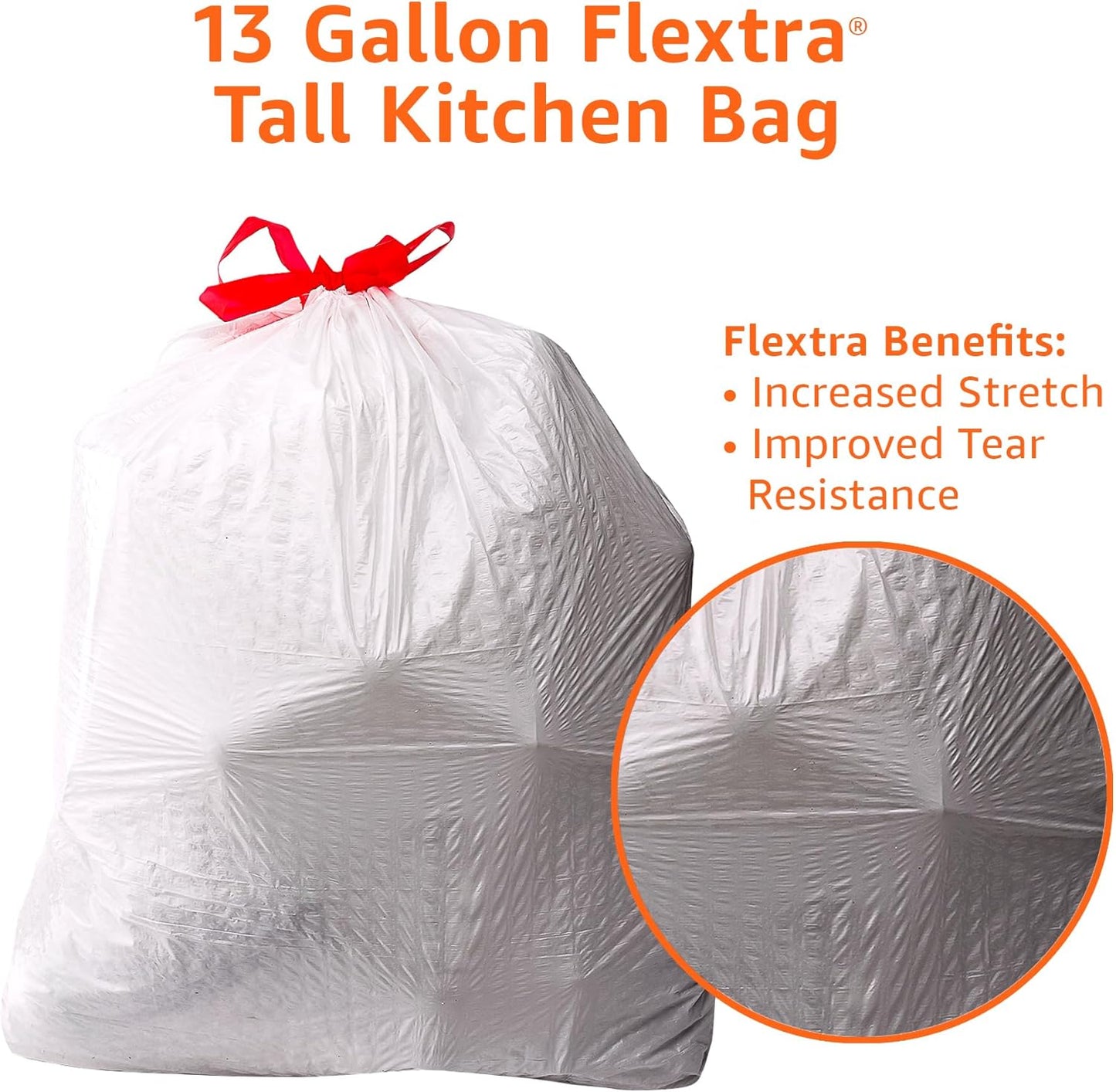 Amazon Basics Flextra Tall Kitchen Drawstring Trash Bags, 13 Gallon, Unscented, 50 Count