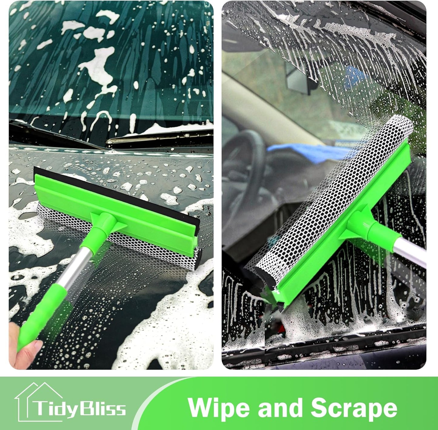 Window Squeegee Professional, 56” Car Windshield Glass Cleaner Tool with Extension Pole, Long Handle Household 10 inches Washer Sponge Scrubber Kit for Cleaning Home Mirror Outdoor (Green)