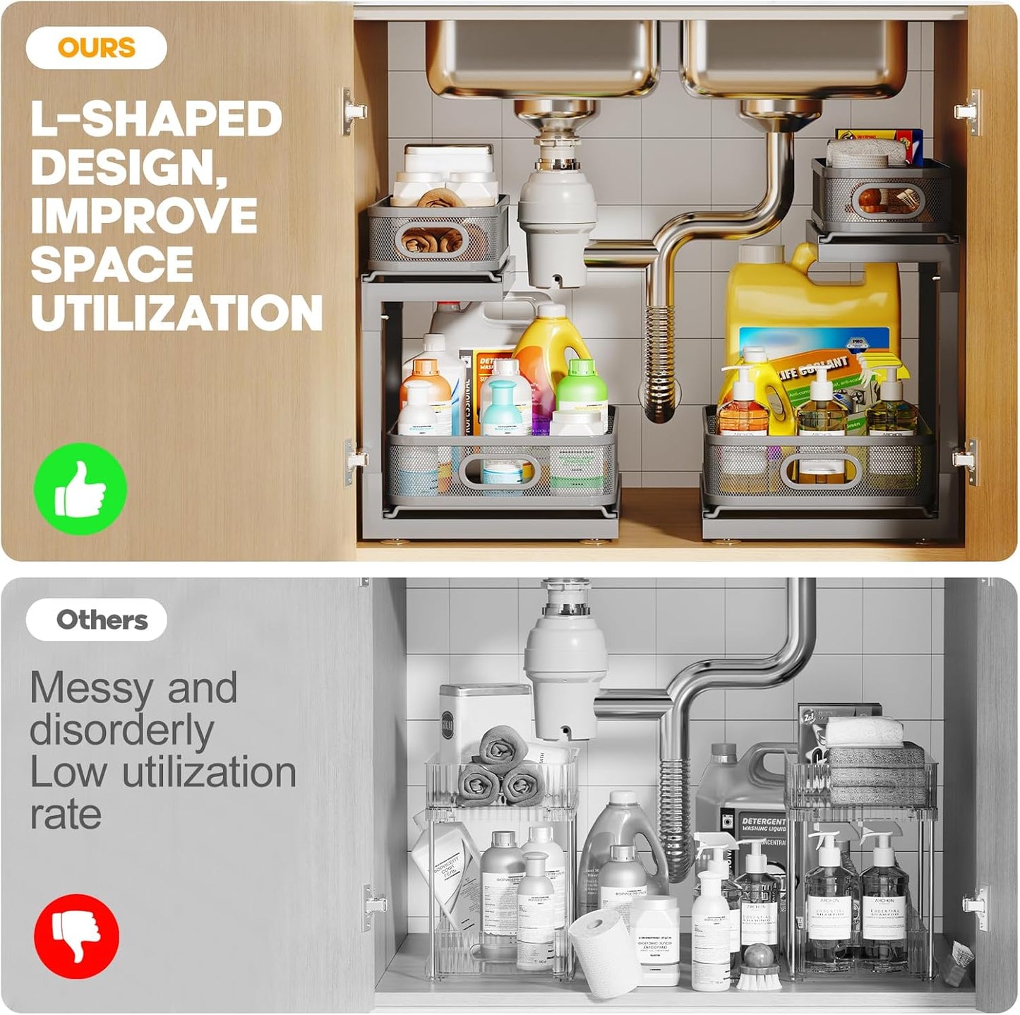 2-Pack Under Sink Storage Organizer with 2-Tier Slide Out Drawer, Sophisticated Mesh Pull Out Shelf for Kitchen & Bathroom, Fits Small Items, Upgraded Arched Track for Smooth Gliding(Patented)