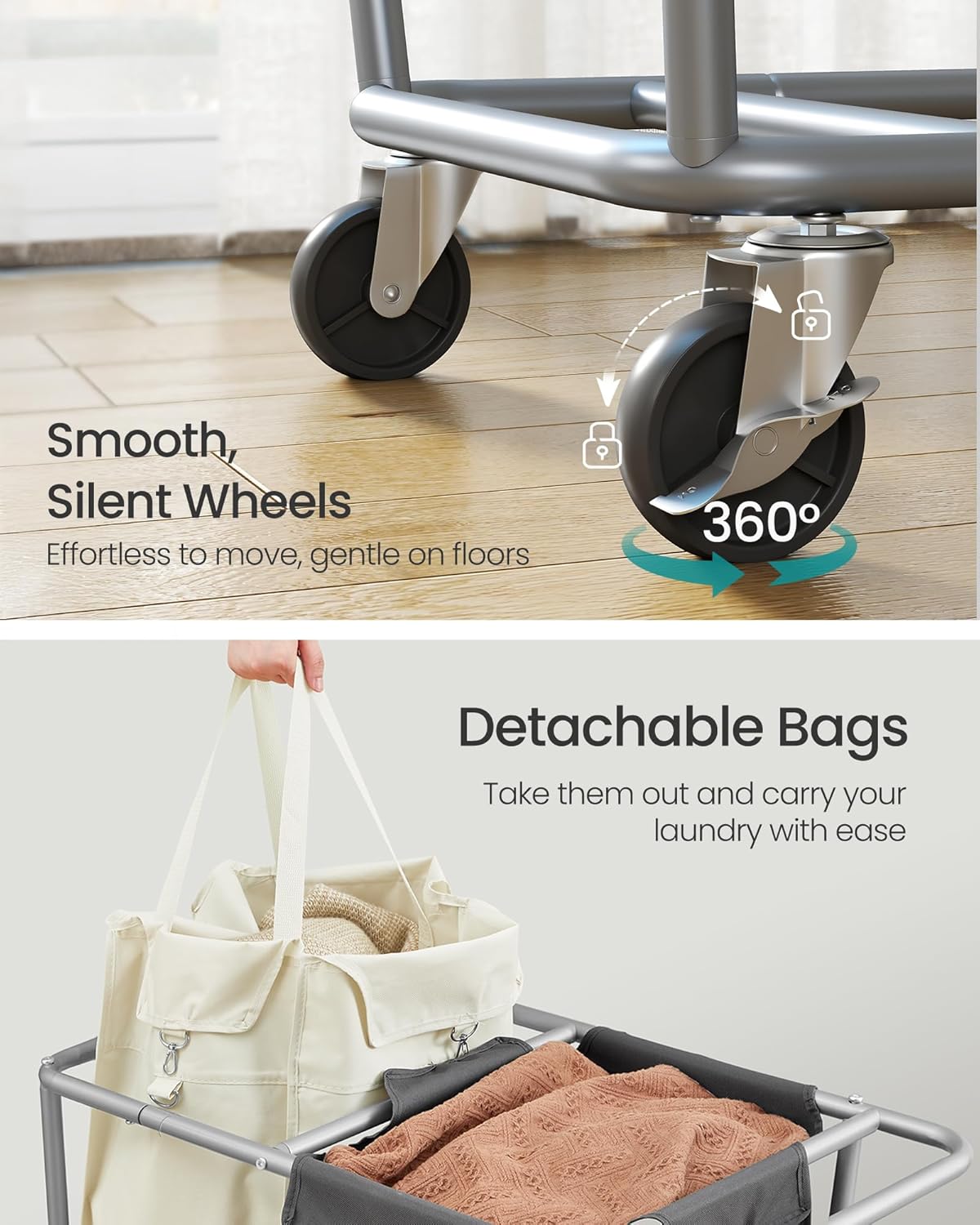 SONGMICS Laundry Basket with Wheels, 50.2 Gallons (190 L), 2-Section Rolling Laundry Hamper with Removable Bags, Heavy-Duty Steel Frame with Handle, Cream White and Dark Gray URLS009X01