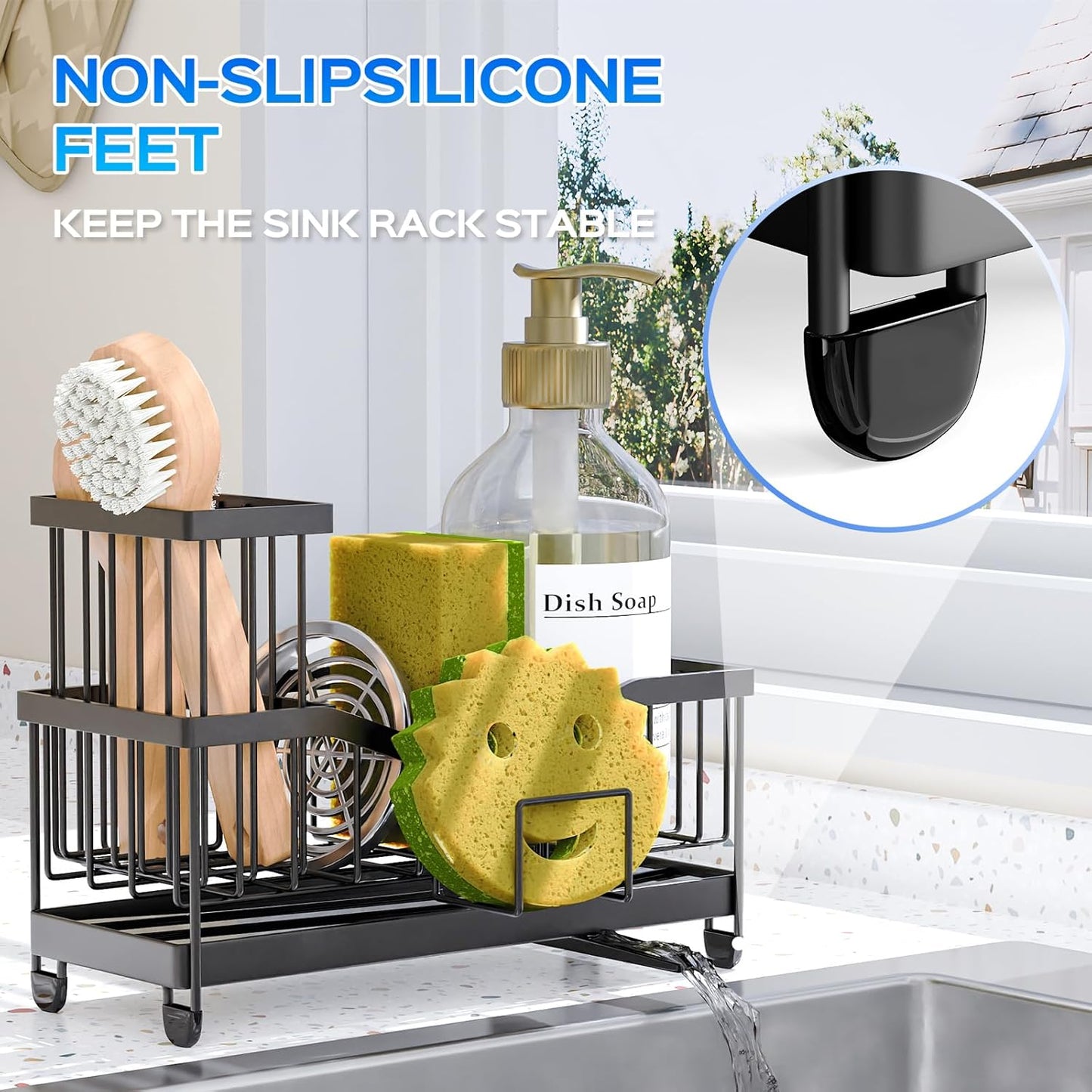 Maifan Kitchen Sink Caddy Organzier Sponge Holder for Kitchen Sink with High Brush Holder, Stainless Steel Rustproof Dish and Smiley Holder for Storage Countertop Essentials Accessories