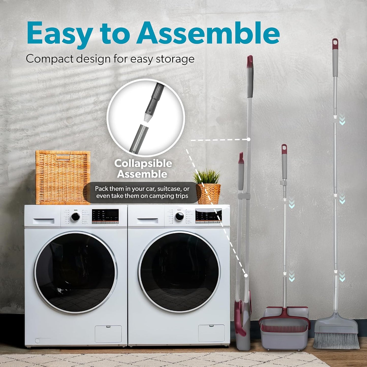 BLACK+DECKER Butler Broom & Dustpan Set - Stand-Up Design - Lightweight, Space-Saving Combo for Kitchen, Living Room, Bathroom, Lobby Floors - Home Cleaning Essential, Light Gray/Burgundy