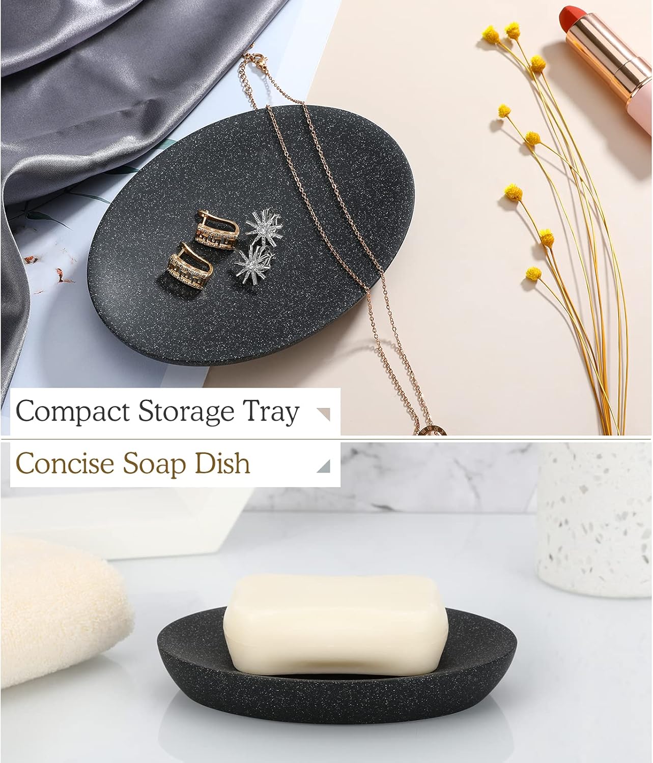 Luxspire Soap Dish, Resin Soap Tray Soap Holder Container Box, Marble Pattern Oval Soap Plate Case, Sponge Dish Scrubbers Tray Holder for Bathroom Vanity Shower Kitchen Sink Counter Top, Gravel Black