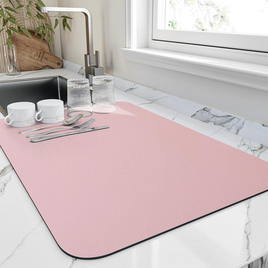 Dish Drying Mat for Kitchen Counter, Heat Resistant Drainer Mats with Non-slip Rubber Backed, Hide Stain Kitchen Super Absorbent Draining Mat, Easy to Clean Dish Rack Pad, Pink 18"x28"