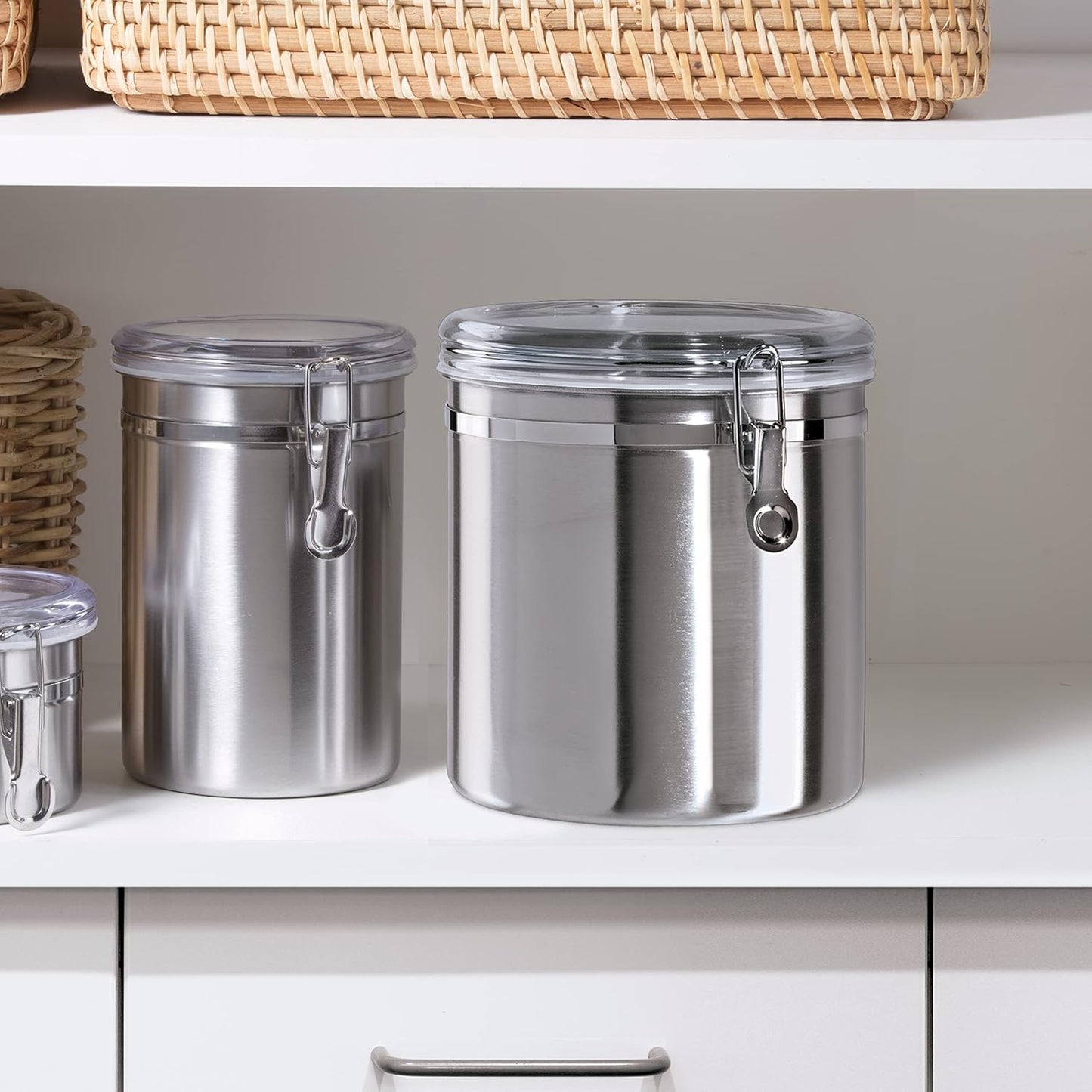 Oggi Stainless Steel Kitchen Canister 152 fl oz - Airtight Clamp Lid, Clear See-Thru Top - Ideal for Kitchen Storage, Food Storage, Pantry Storage. Jumbo Size 8" x 8".